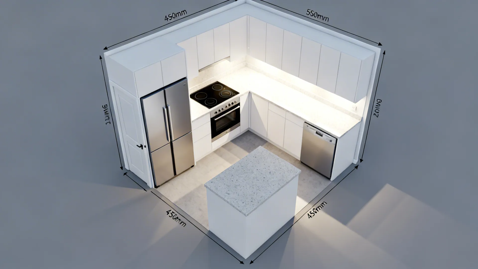 Top-down plan view showing compact appliance footprints and door swing clearances in an L-shaped kitchen.