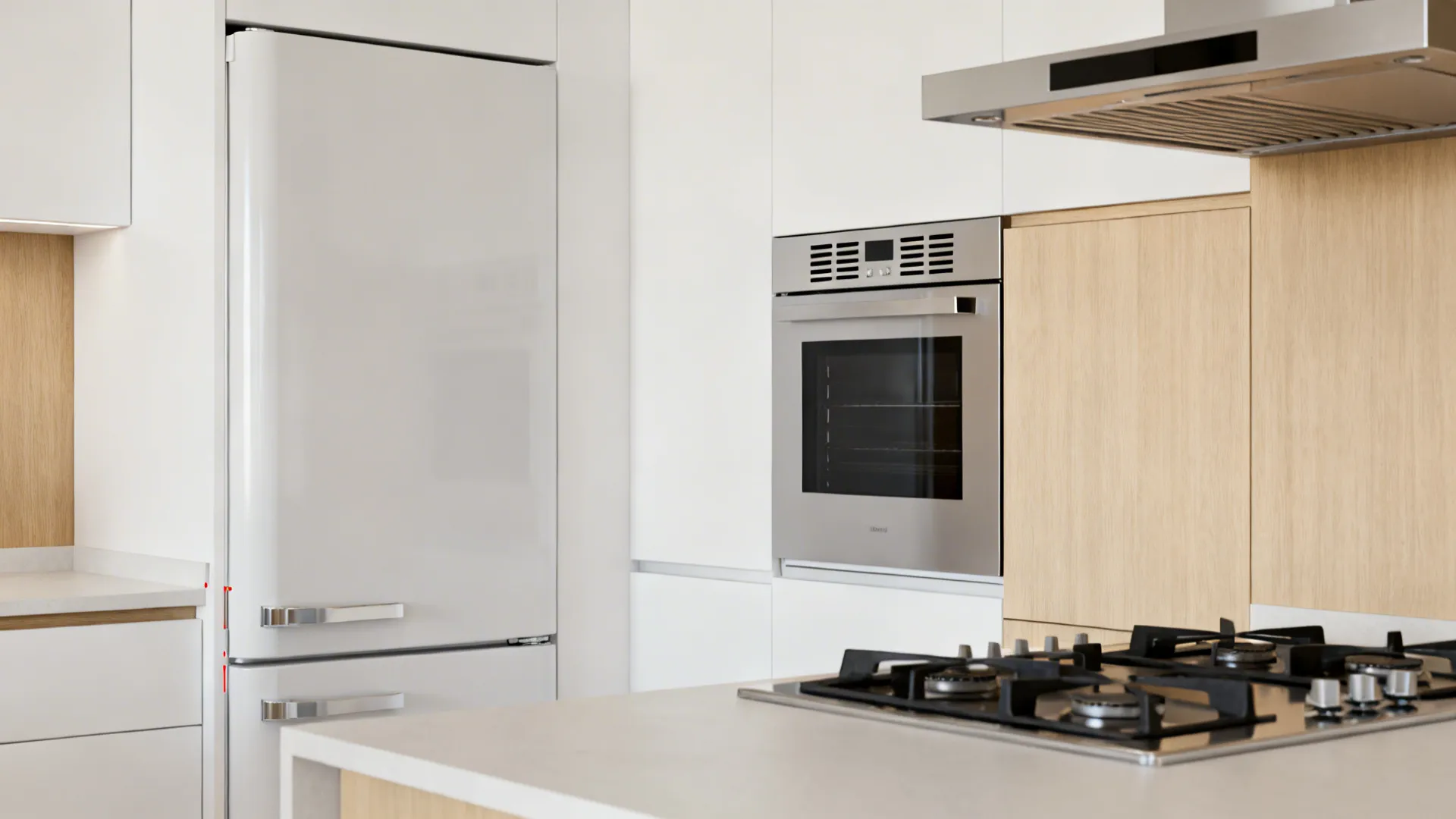 Kitchen showing safe clearances around fridge, oven, and hood above cooktop.