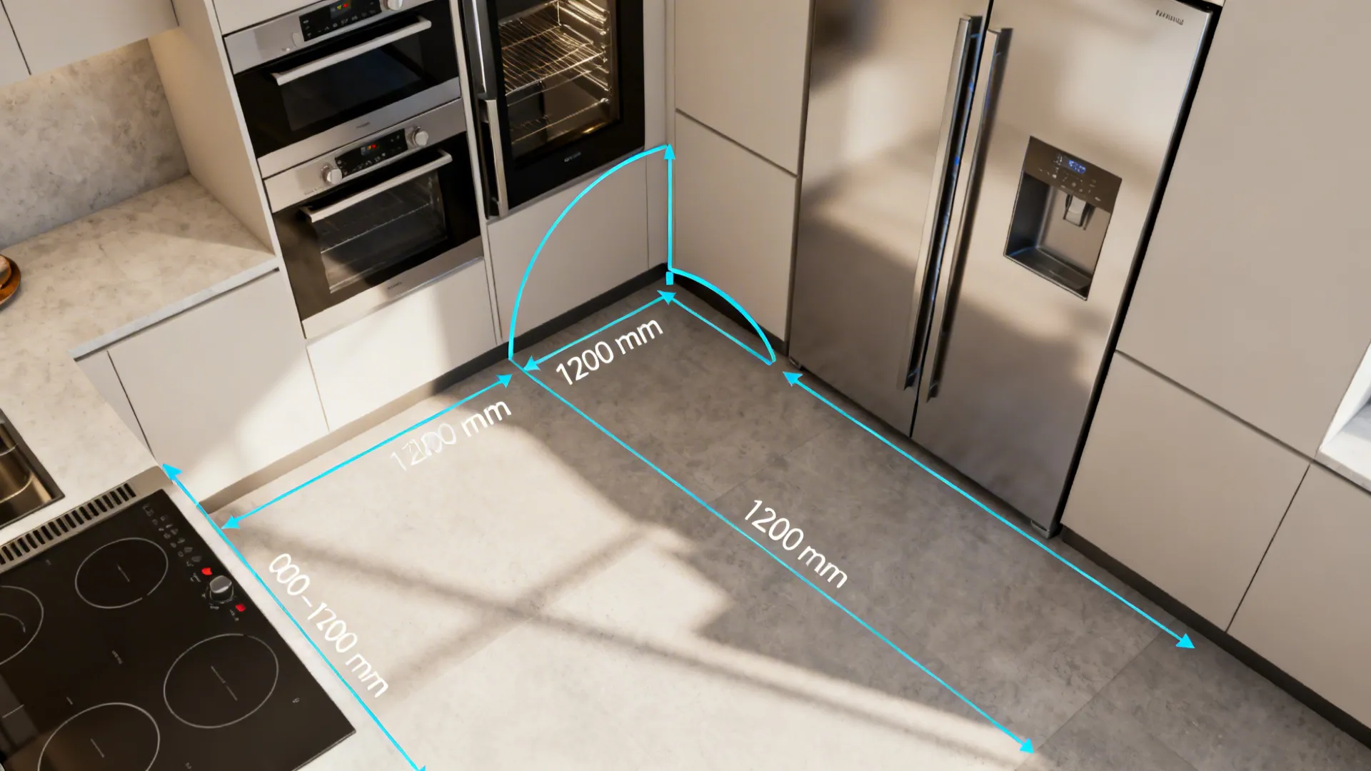 Top-down view showing compact appliance door swings and recommended aisle clearance.