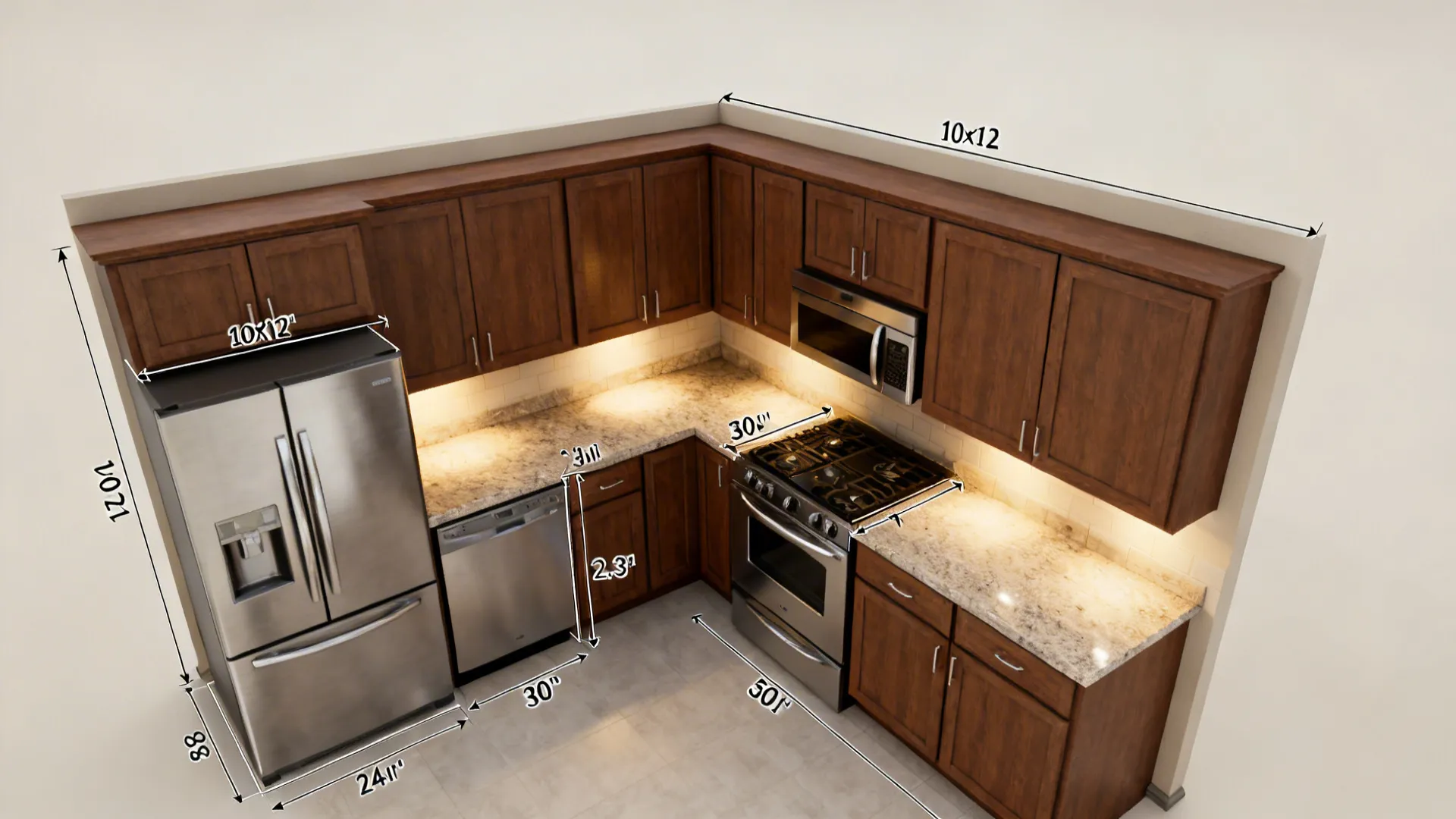 Top-down 10x12 kitchen layout showing appliance clearances and under-cabinet light placement.