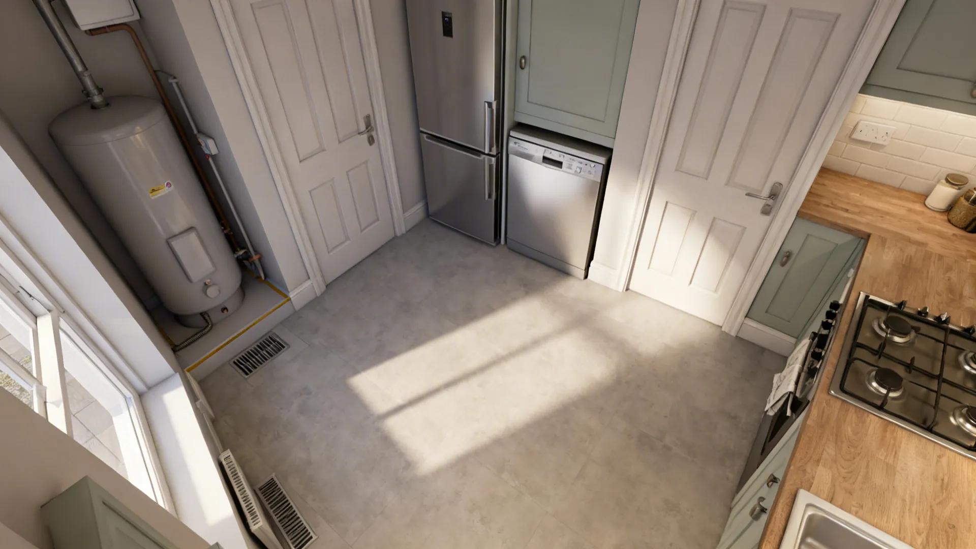 Top-down view showing compact appliance footprints, door swing arcs, and boiler vent clearances.
