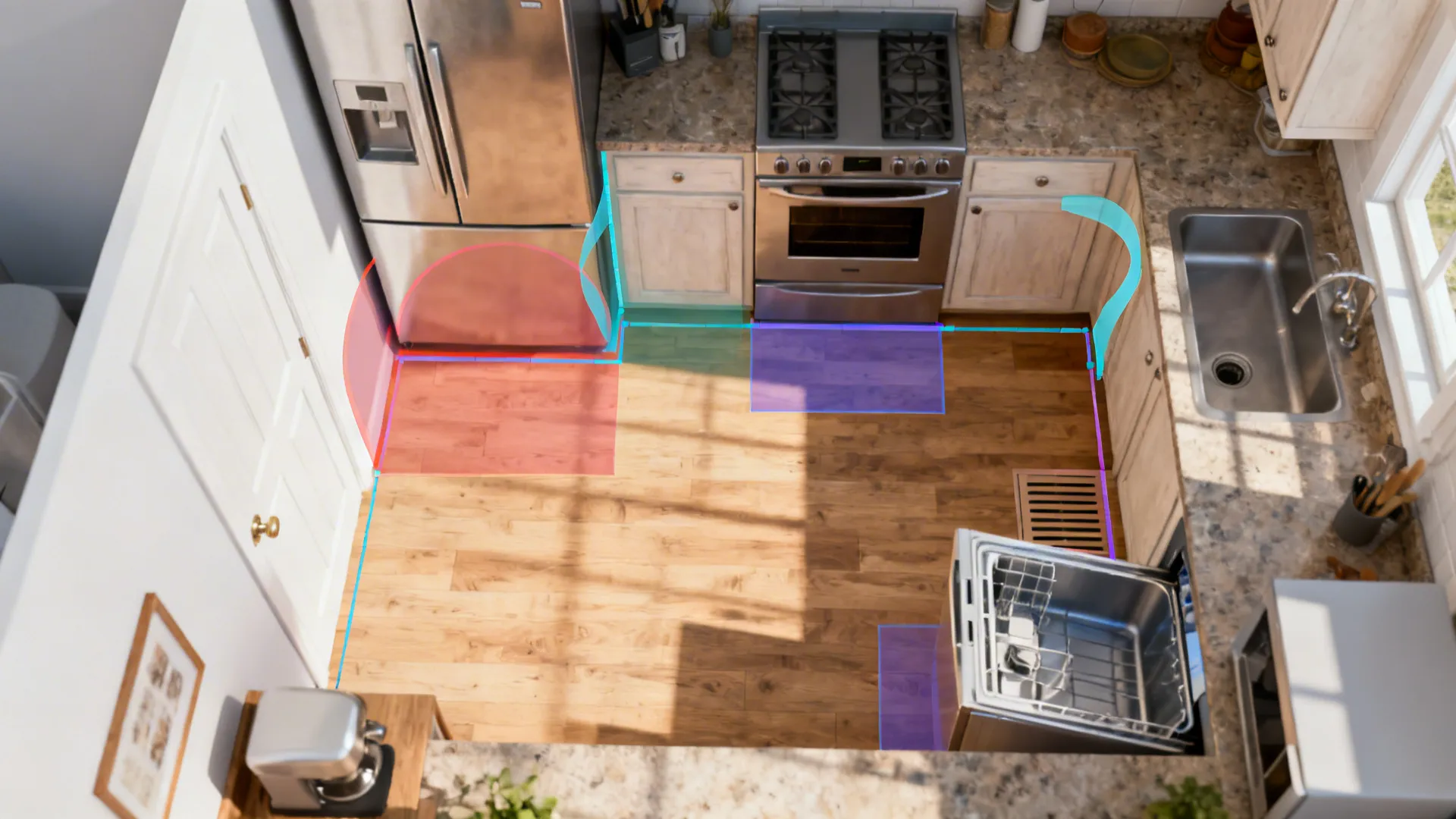 Top-down kitchen plan showing door swing arcs, dishwasher open zone, and ventilation clearances.