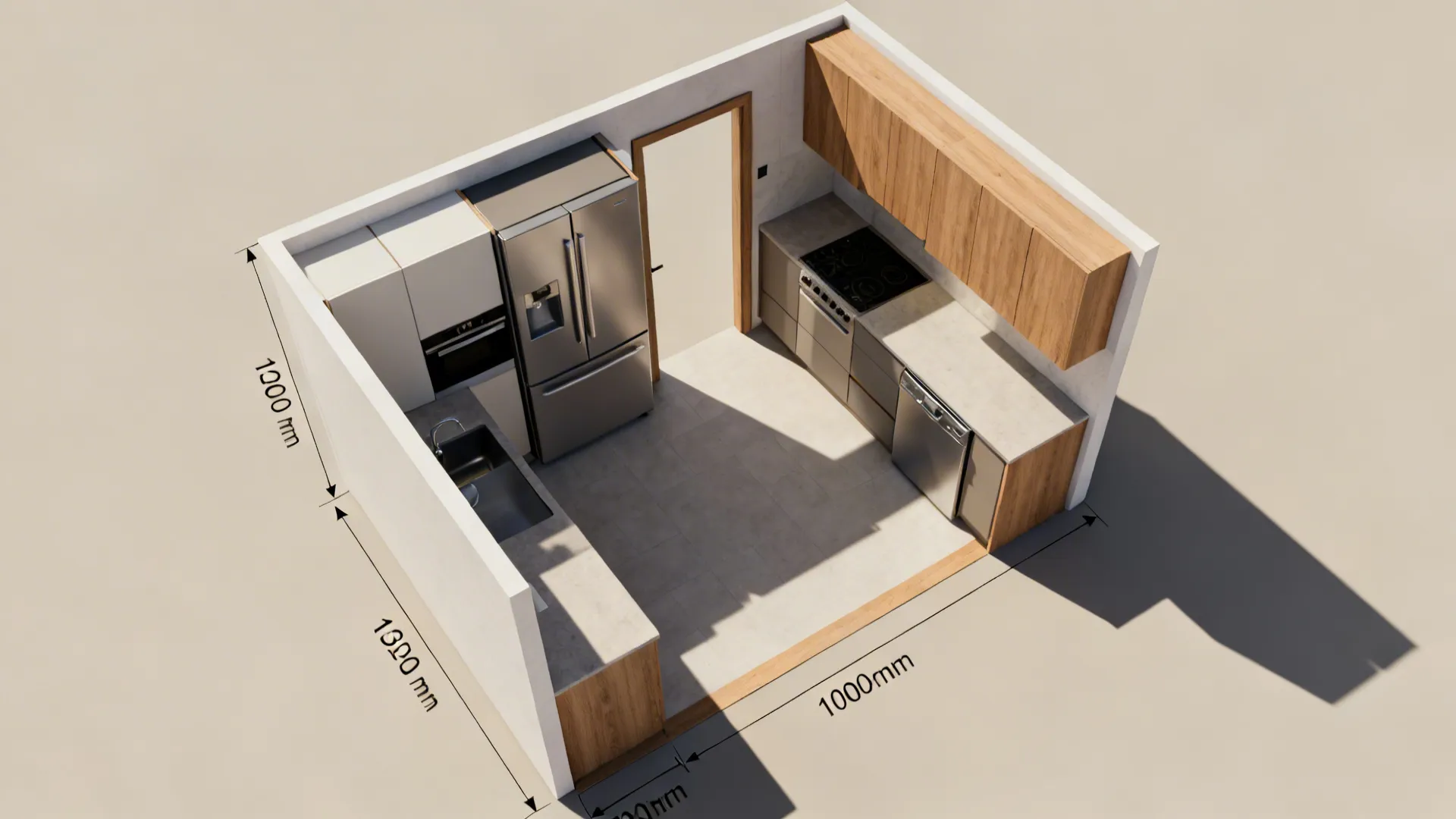 Top-down compact kitchen diagram showing door swings and recommended working aisle widths.