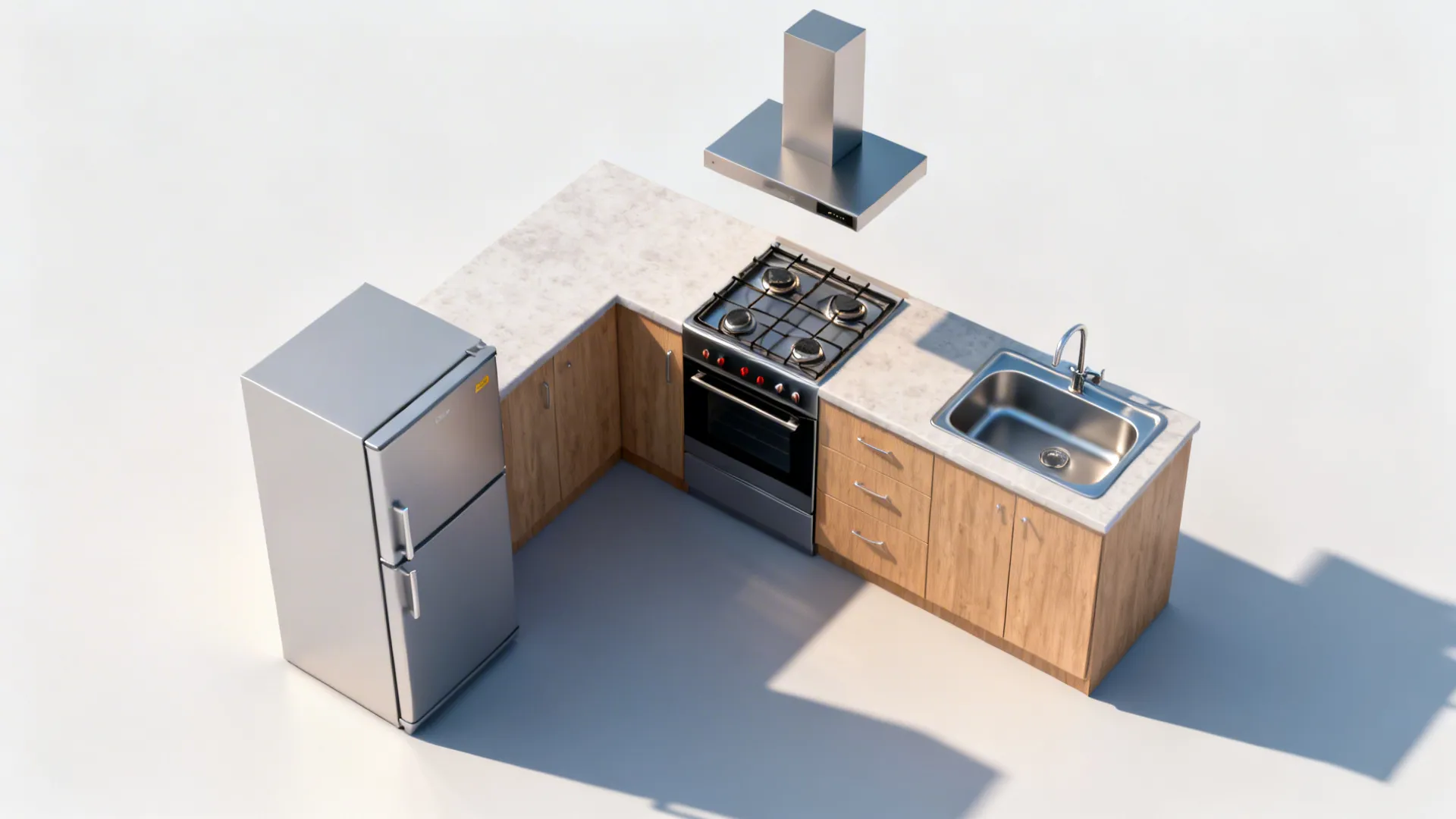 Top-down view showing clearances for hob, sink, hood, and fridge in an L-shaped kitchen