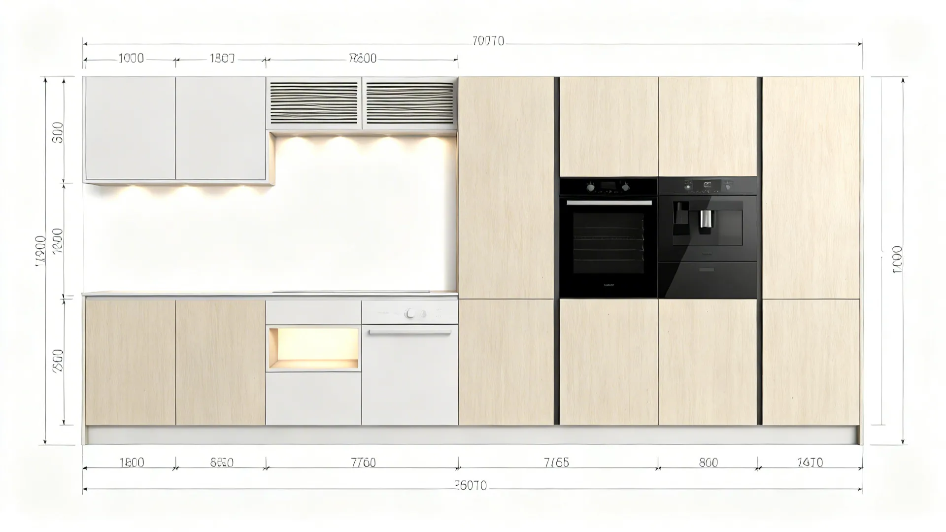 Top-down layout board showing appliance niches, clearances, and panel gaps.