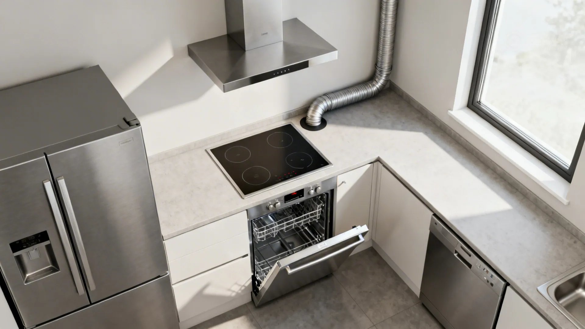 Top-down view showing compact appliance door swings and a clear vent duct path to a window wall.