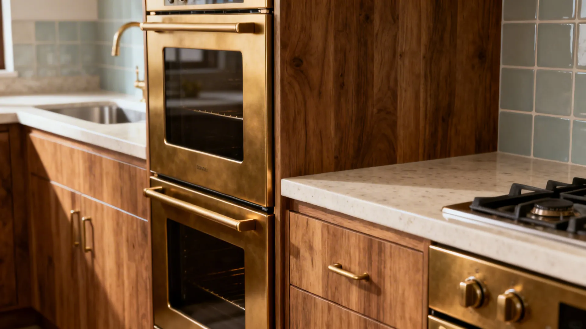 Macro detail of warm brass and oak near cook zone contrasted with pale quartz and cooler tiles near wash area.