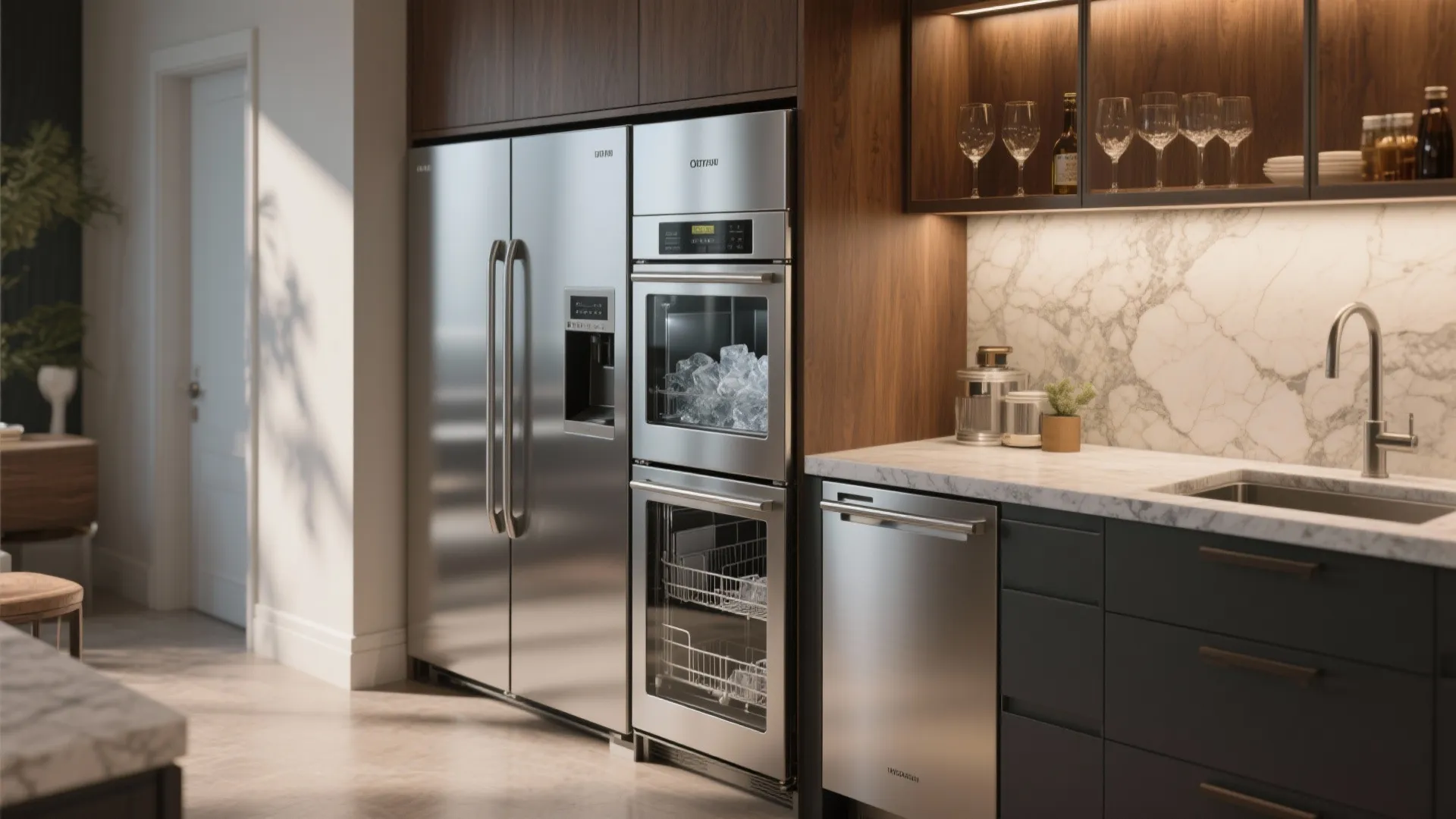 Modern kitchen with built in stainless steel fridge oven dishwasher marble counter and dark wood