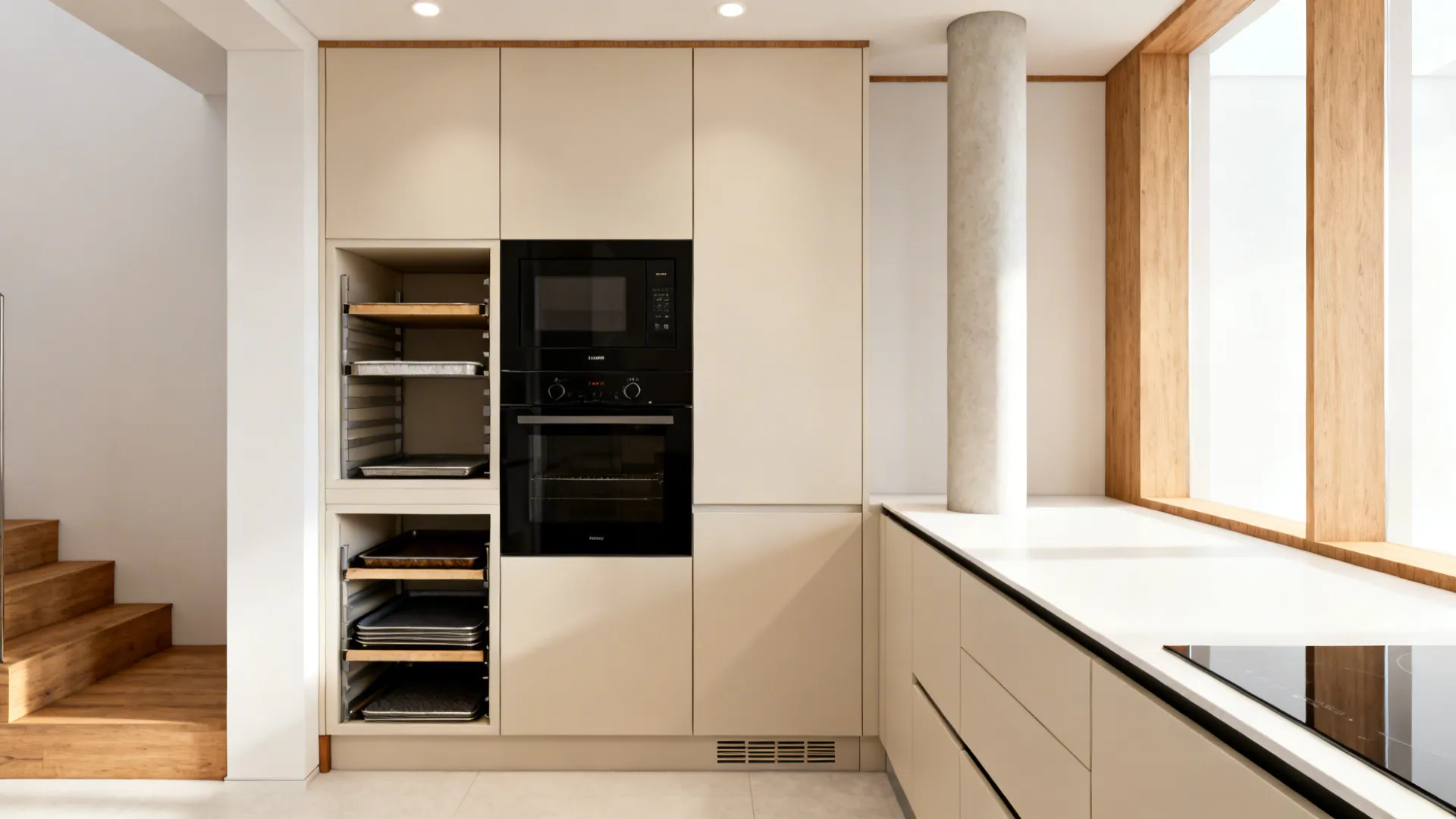 Integrated oven and microwave column with slim tray pantry beside a clear prep counter.