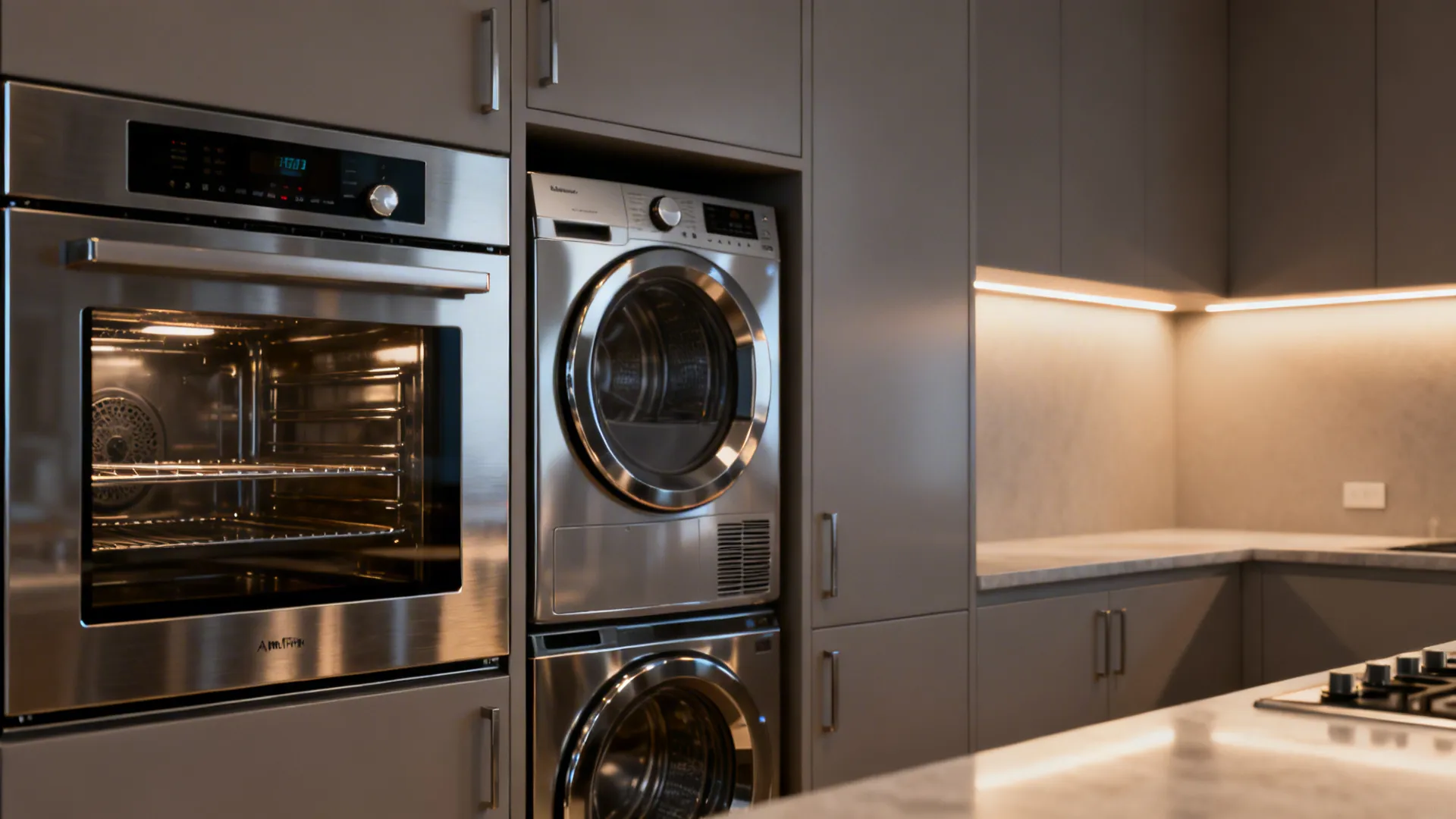 Built-in multifunction oven and stacked washer-dryer in a small kitchen niche