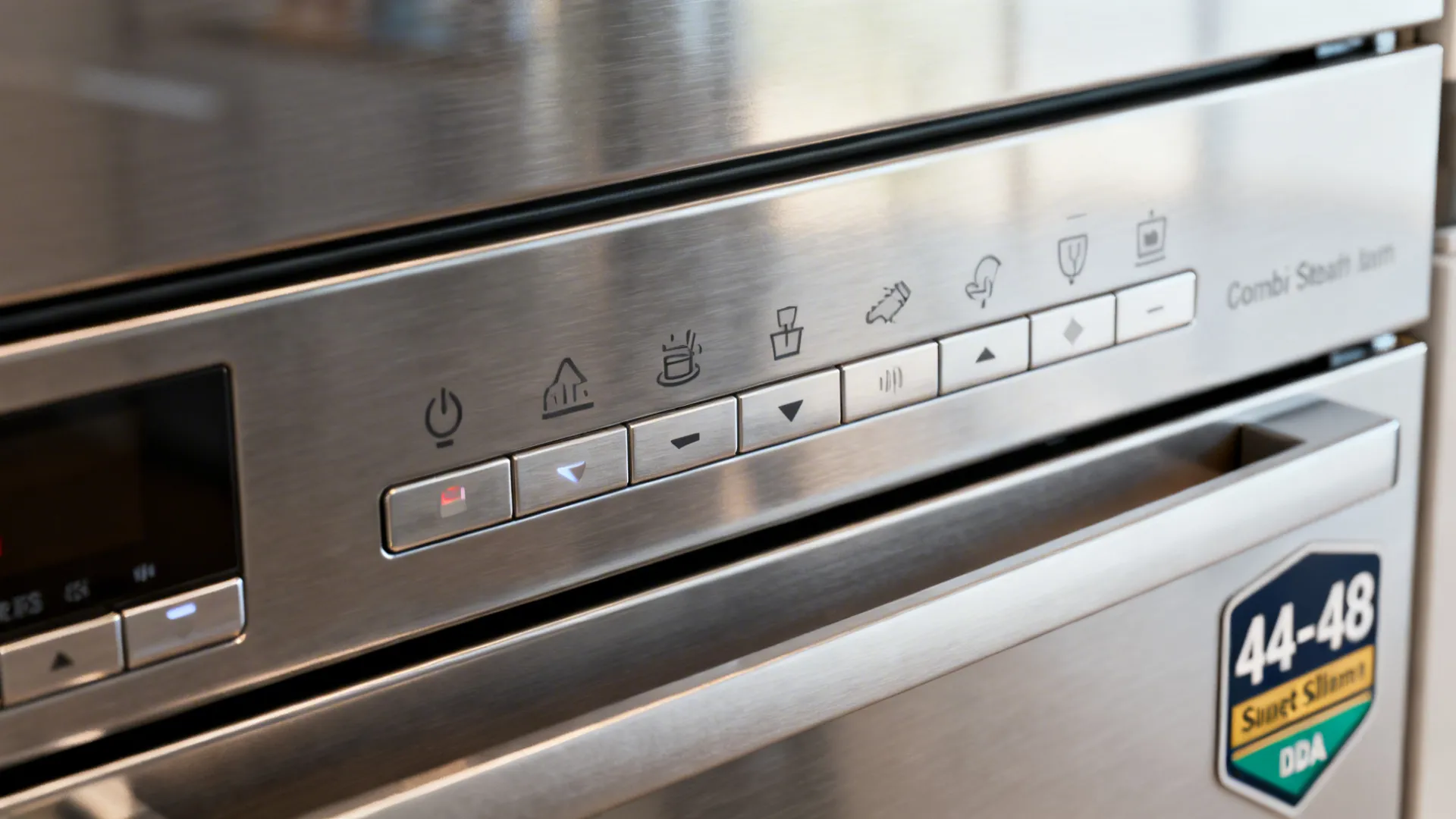 Close-up of clear control icons on a combi steam oven and a slim quiet dishwasher.