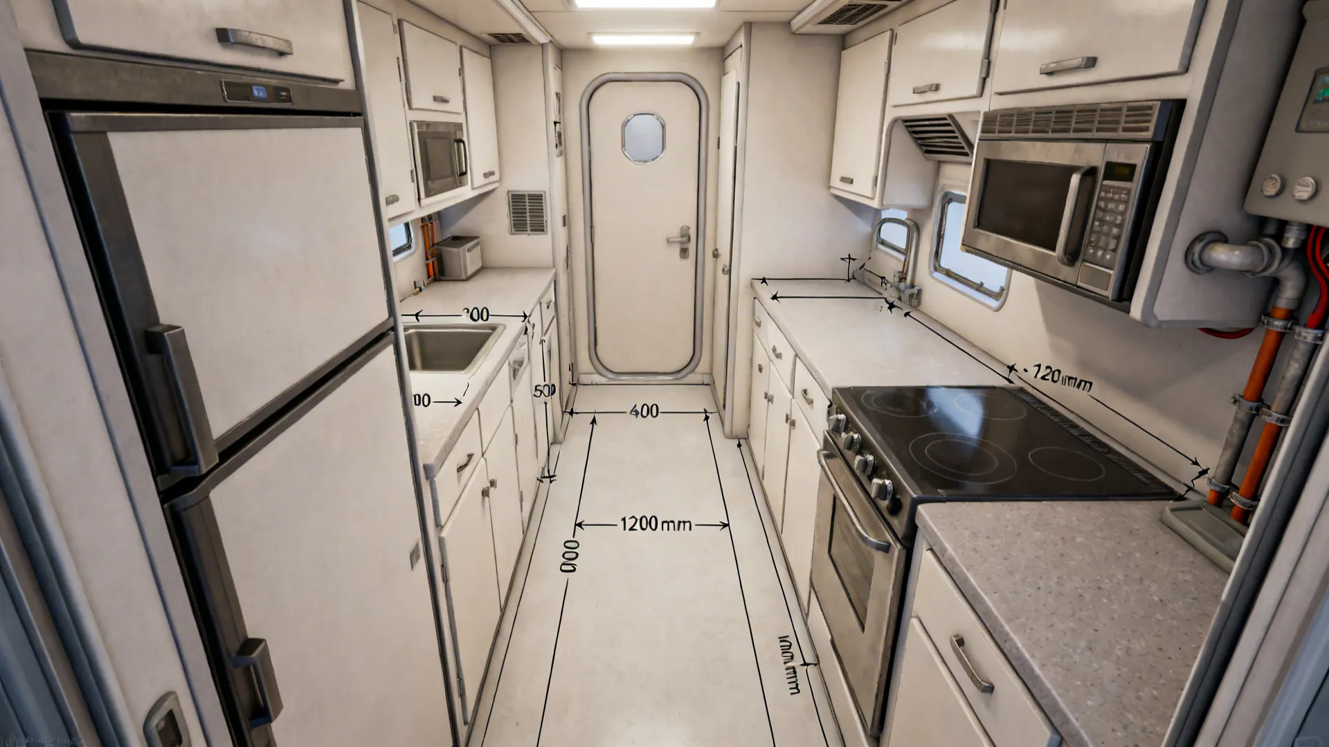 Top-down galley plan with appliance blocks, swing arcs, and service callouts coordinated early.