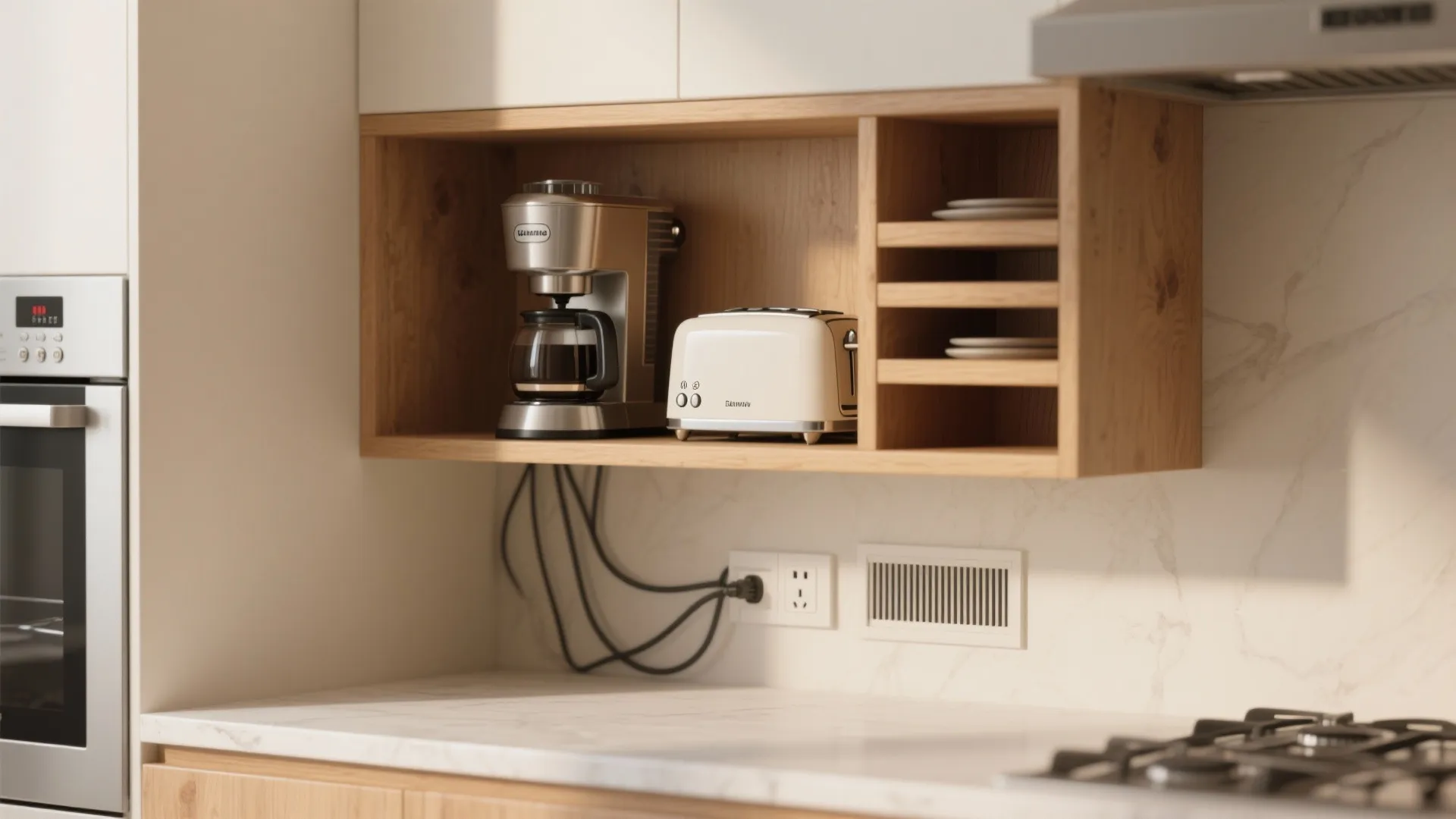 Open cubby with coffee maker and toaster, hidden outlet and ventilation slot in a tidy kitchen niche.