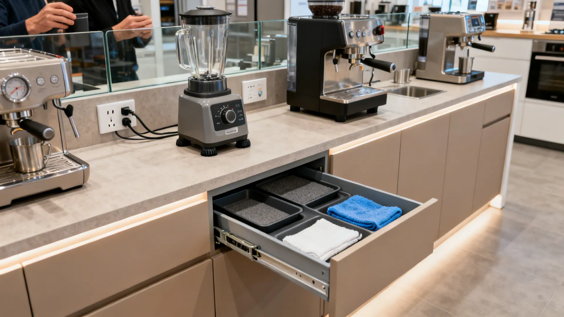 Modern kitchen counter with coffee machines blender and an open drawer containing neatly folded towels