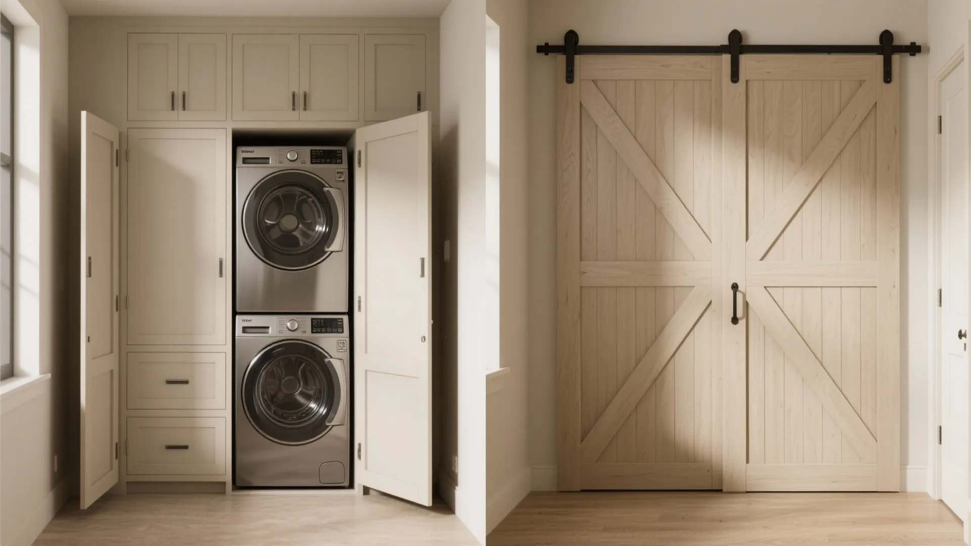 Stacked washing machines inside cream cabinets next to a light wood sliding barn door system