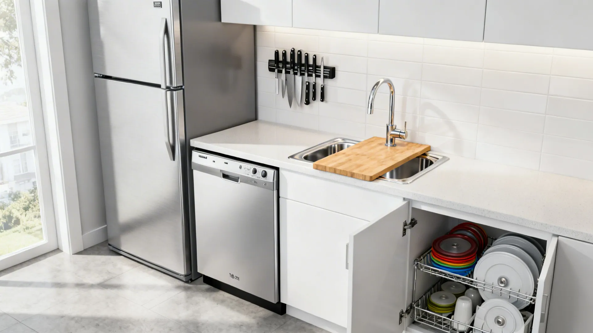Modern white kitchen with stainless steel fridge dishwasher sink and pull out cabinet storage plates
