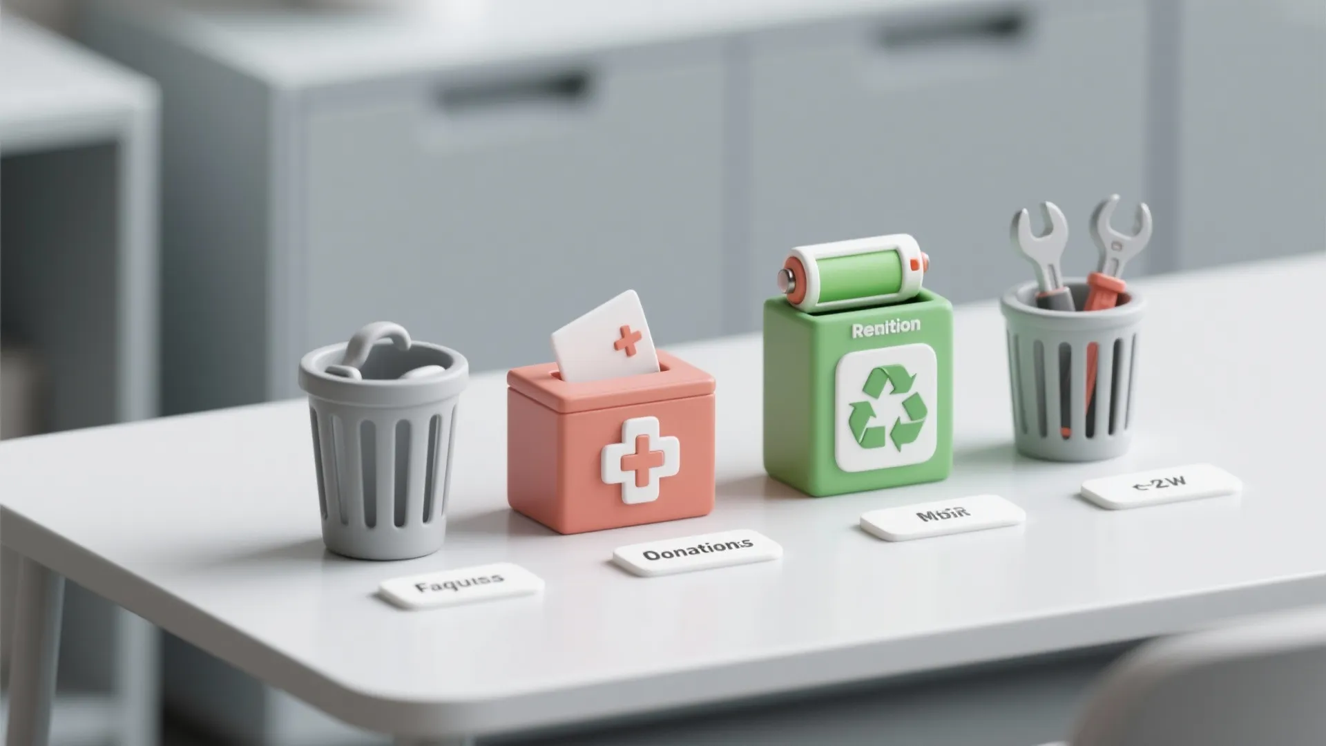Icons representing disposal FAQ topics like donation, e-waste, batteries and repair.