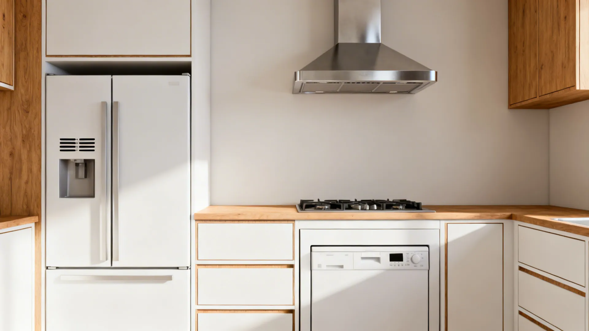 Elevation focused on range, dishwasher, and integrated fridge with properly sized ventilation slots.