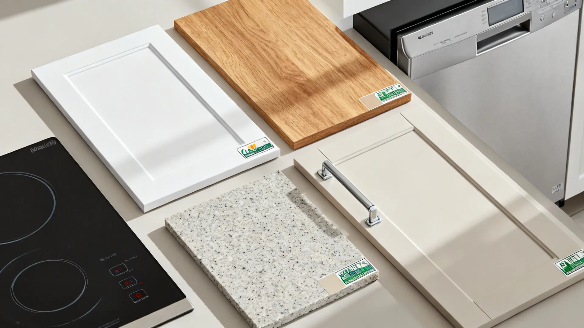 Flat lay of matte cabinet door, oak panel, induction surface, and quartz chip for integrated appliances.
