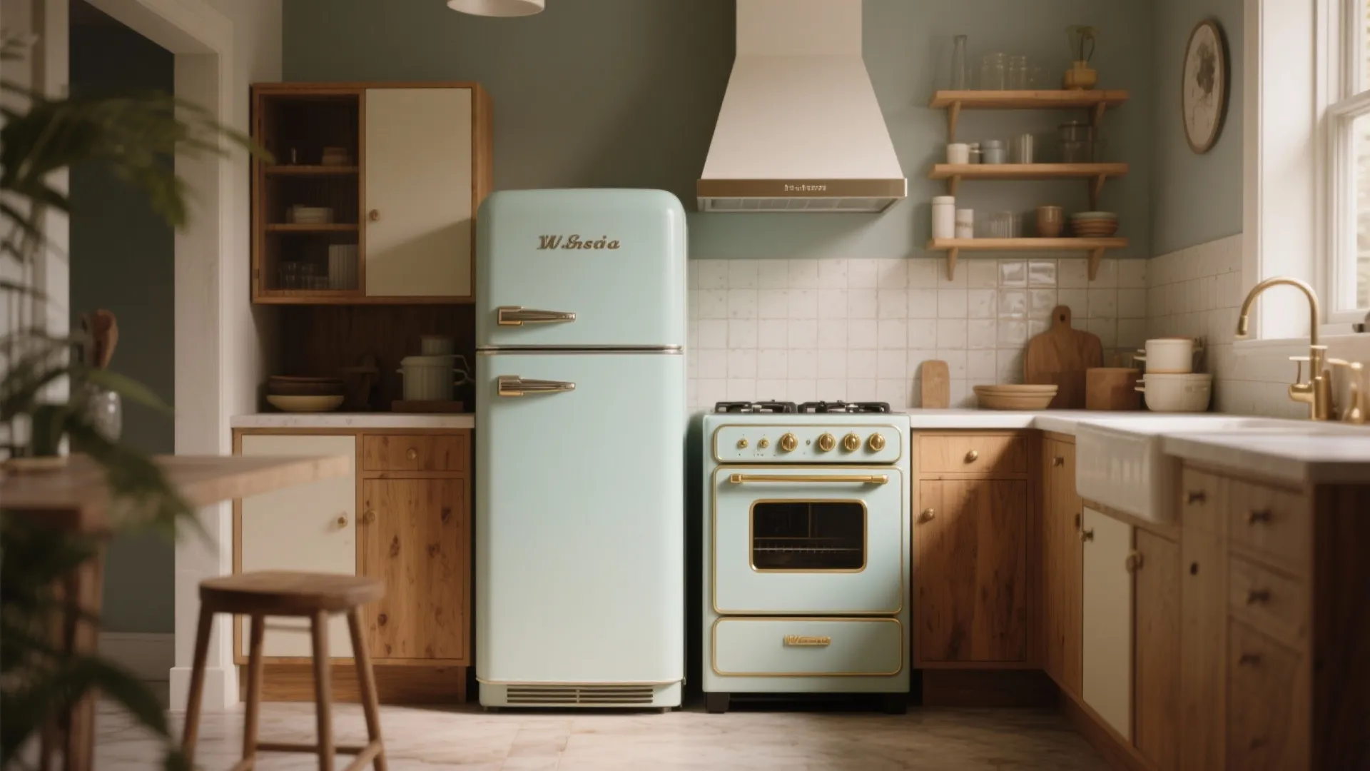 Retro mint green fridge and oven in a rustic kitchen with wooden cabinets and shelves
