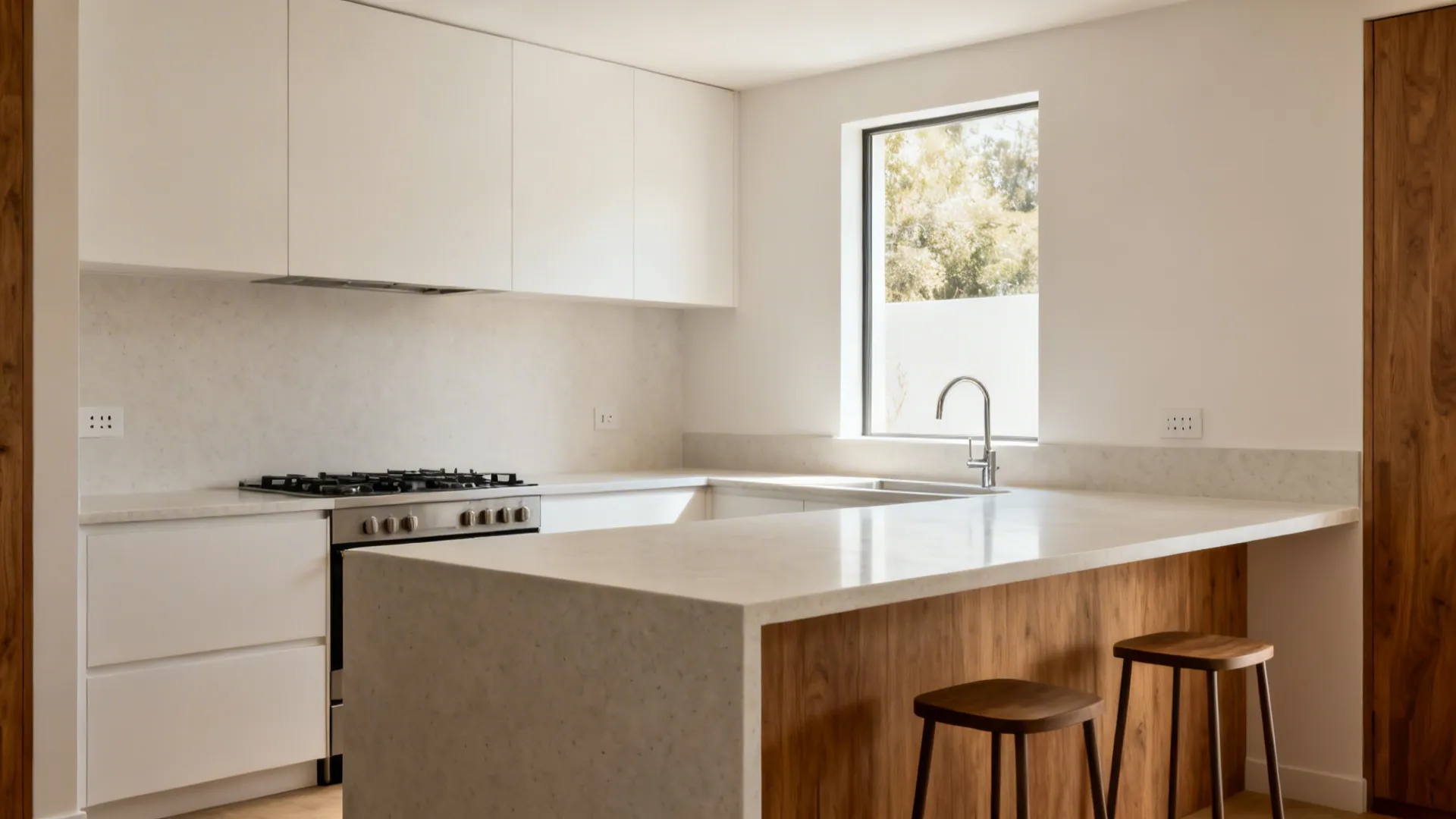 Small L-shaped kitchen with a clear appliance-free island for prep and gathering.