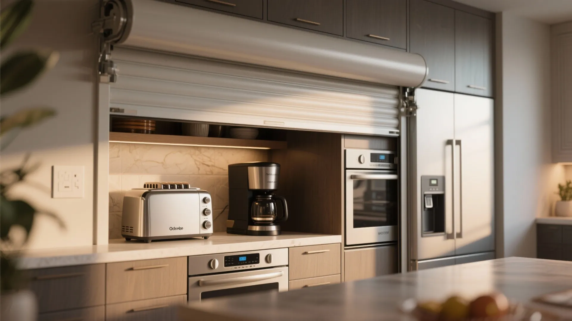 Modern kitchen with coffee maker and toaster stored inside a wood cabinet with rolling door
