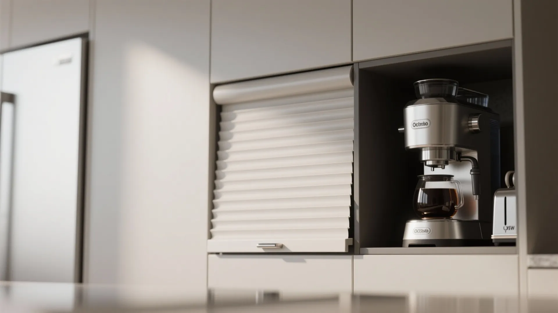 Modern kitchen cabinet storage area featuring coffee machine and toaster with white rolling shutter door