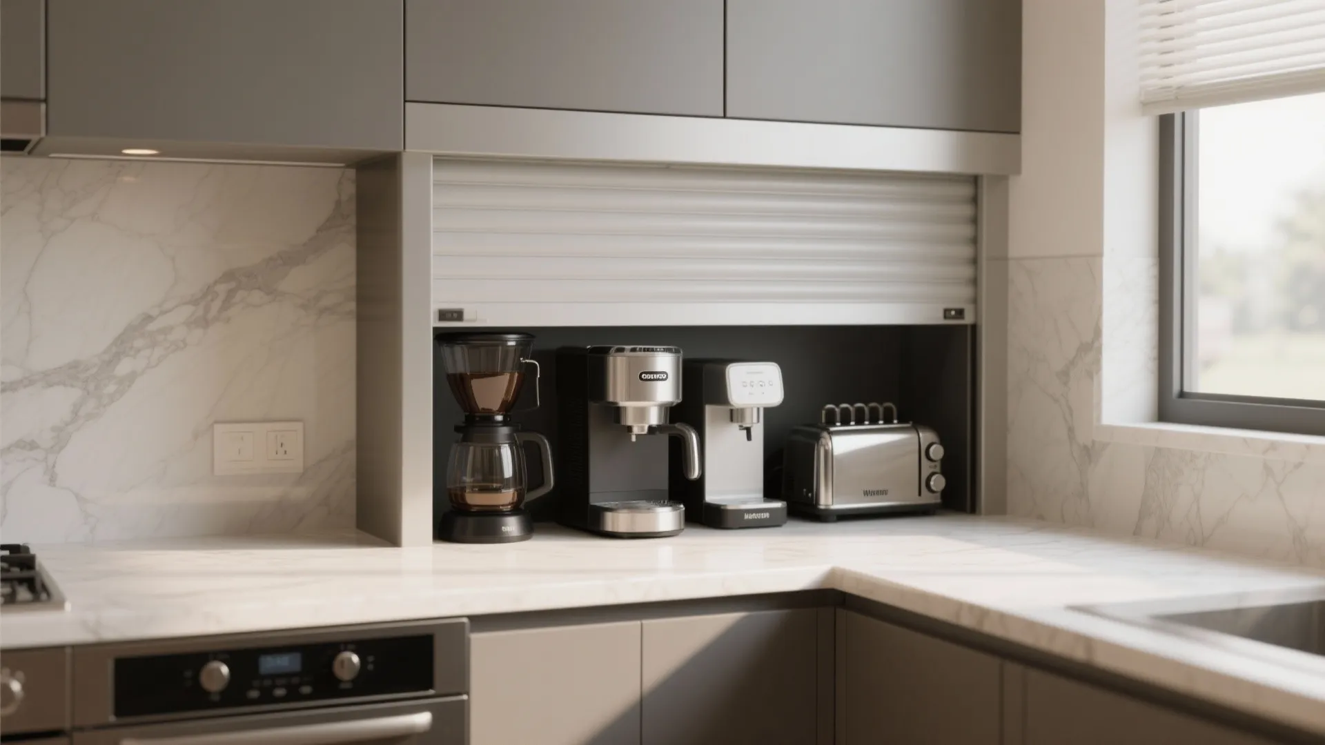 Kitchen counter appliance storage with rolling door housing coffee maker toaster and water dispenser hidden neatly