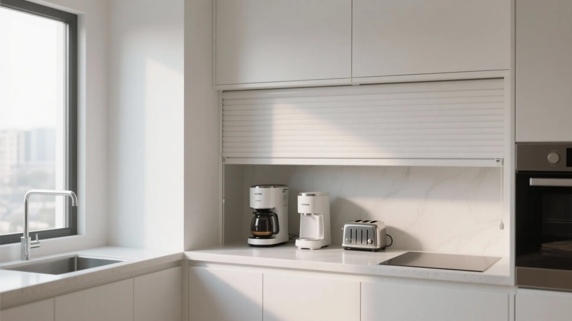 White kitchen appliance garage with a rolling door hiding a coffee maker and silver toaster