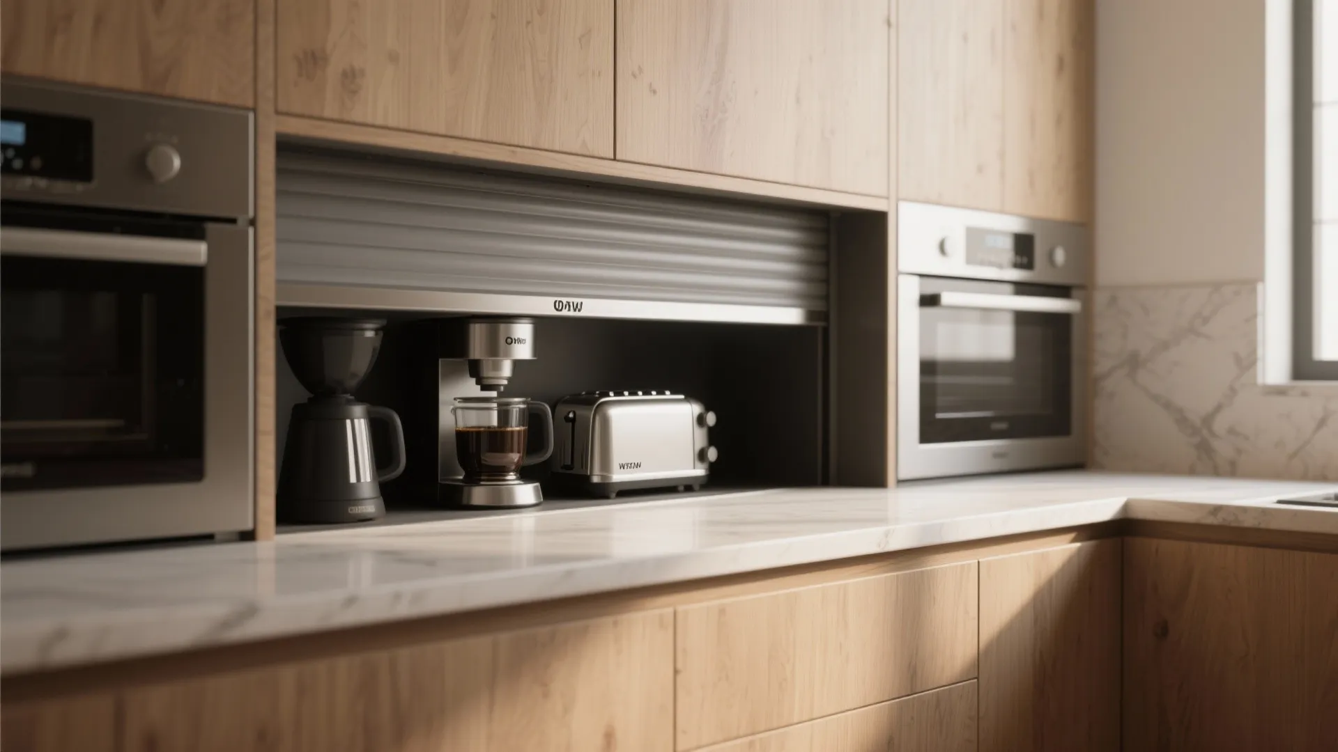 Modern wood kitchen cabinet with a rolling door hiding a coffee maker and a toaster