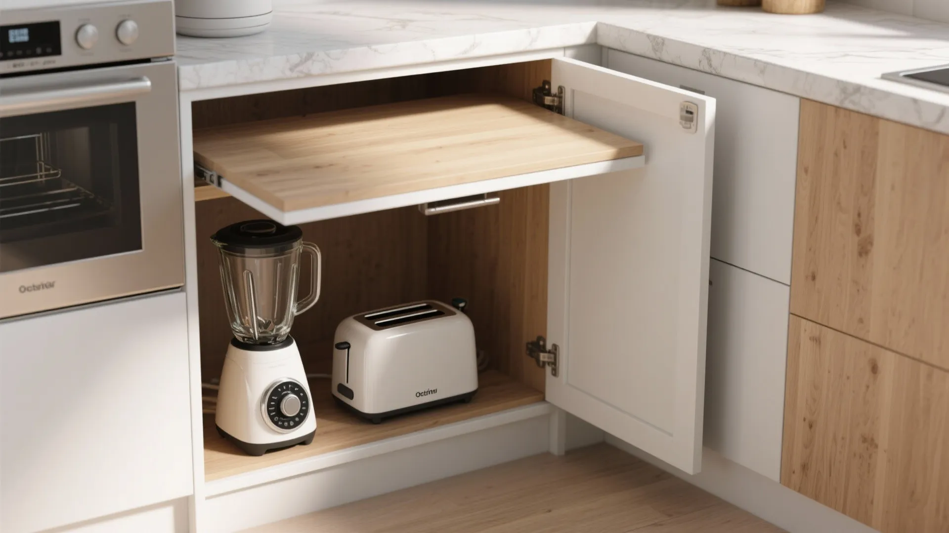 Kitchen corner with appliance garage hiding small appliances