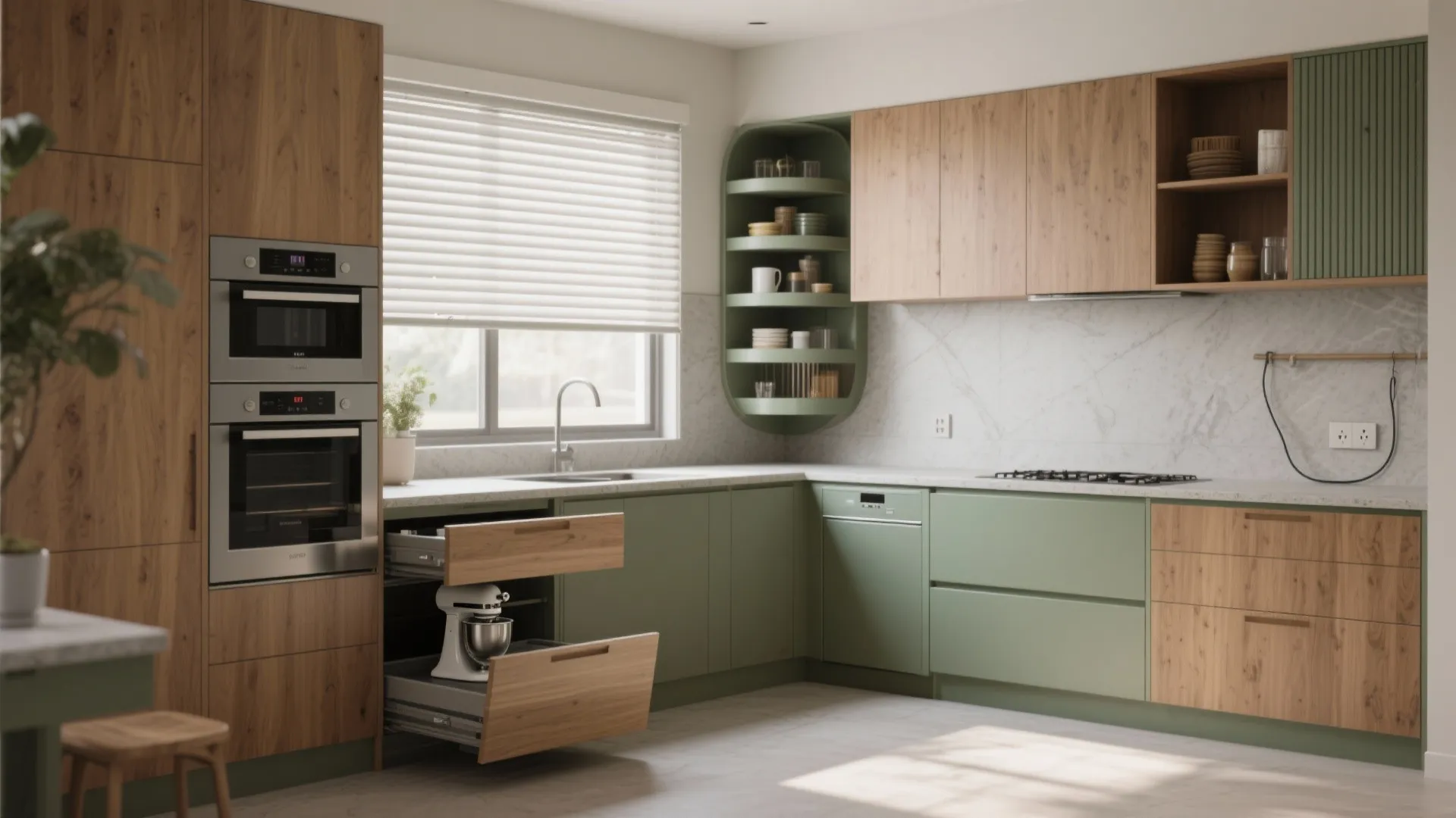 Modern kitchen with green and wood cabinets featuring built-in ovens and a white food mixer
