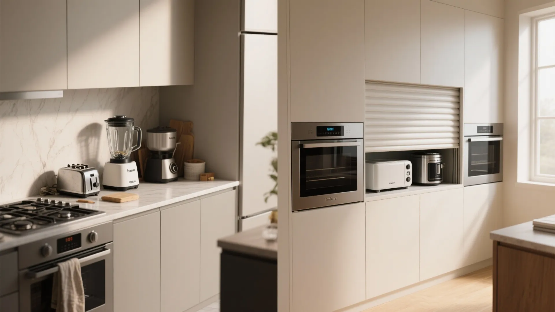Modern kitchen with built-in oven and appliance garage hiding toaster and coffee maker behind shutter
