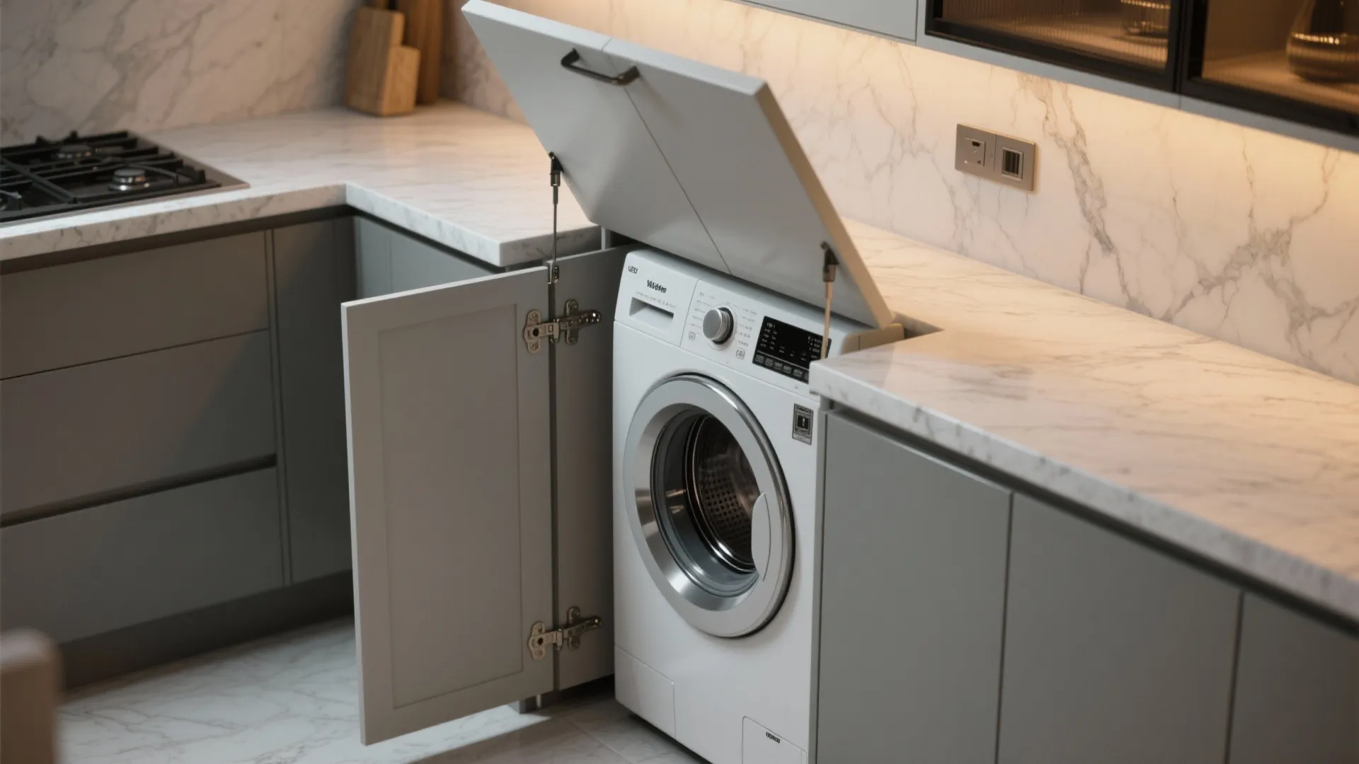 Under-counter appliance garage with a lift-up door revealing a compact washer and anti-vibration mounts in a modern kitchen.