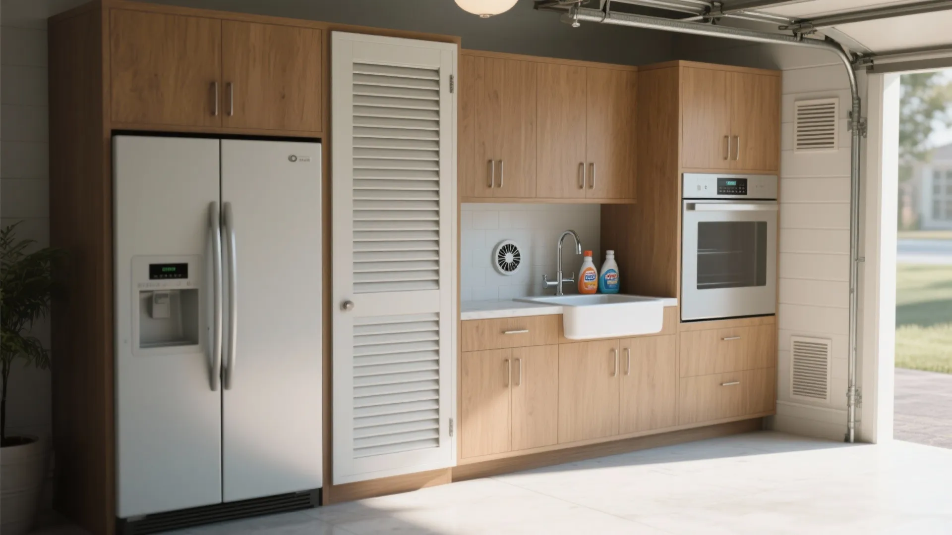 Garage storage with wooden cabinets white refrigerator sink oven and white door for organized tools