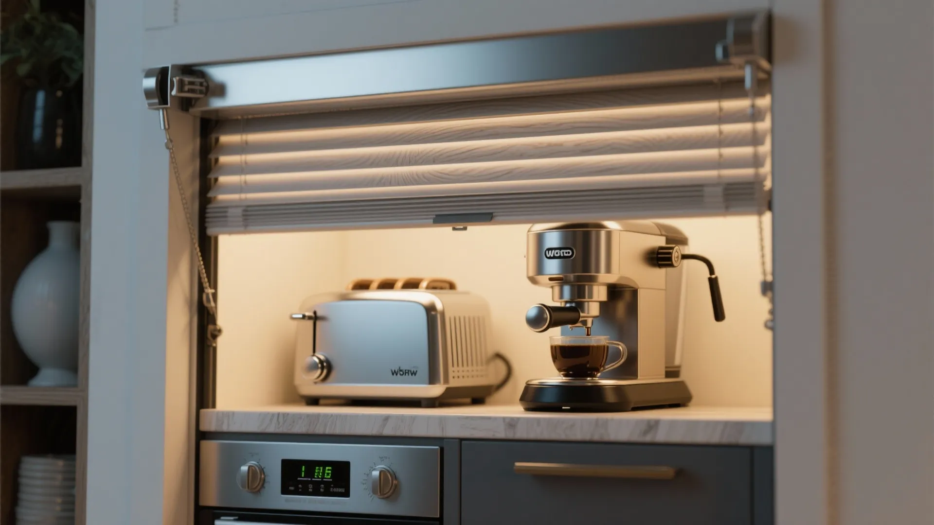 Close-up of a roll-up appliance garage door opening to reveal a toaster and coffee machine with ventilated backing.