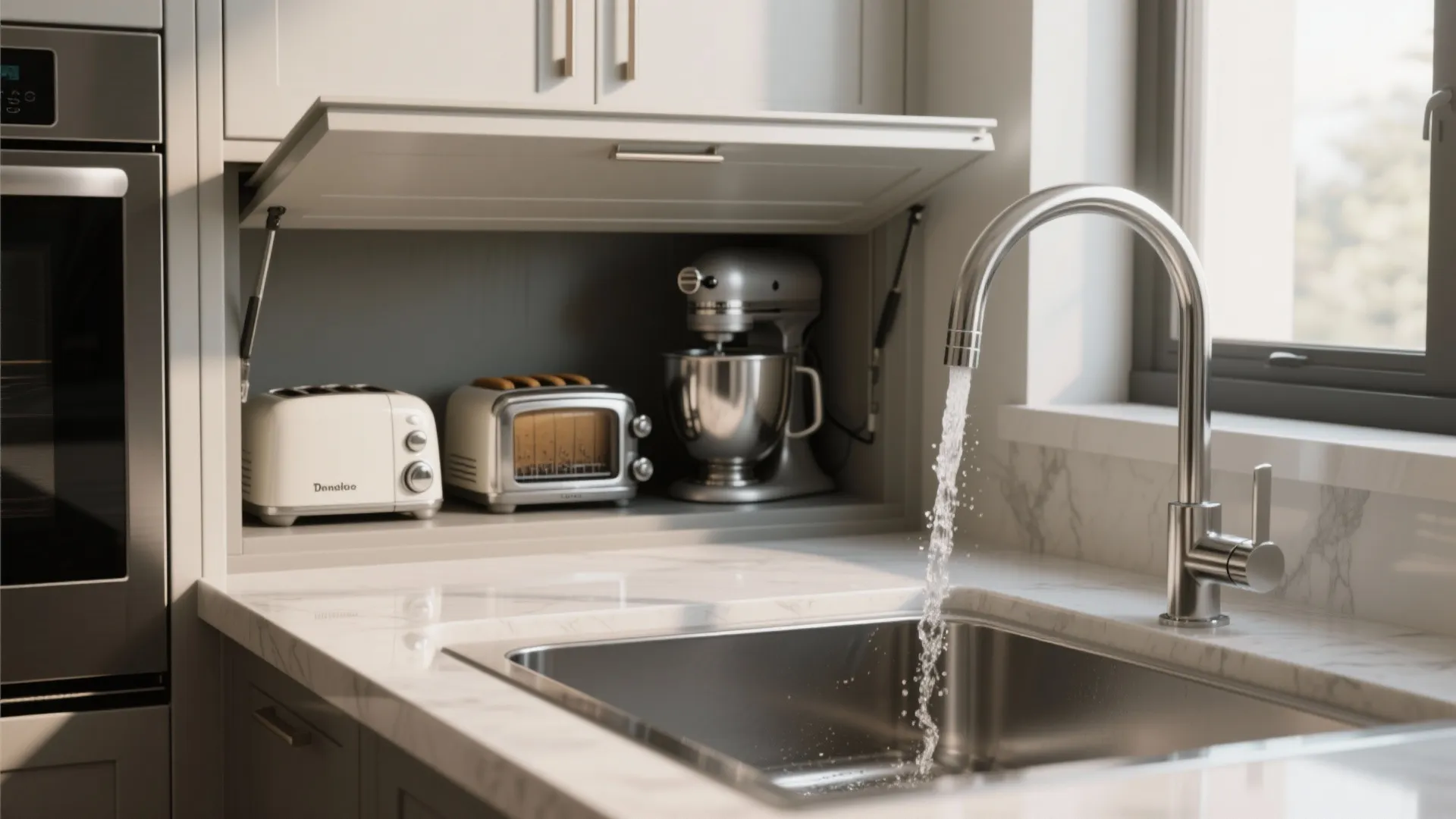 Modern white kitchen cabinet with lifting door hiding a toaster mixer and running water faucet