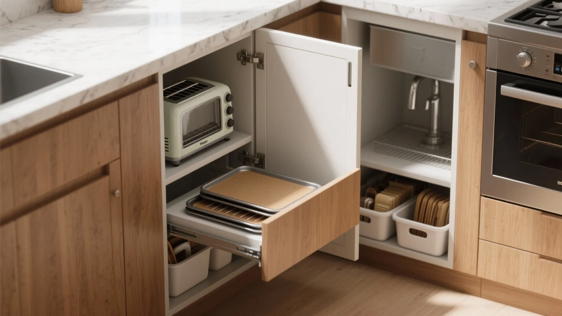 5. Appliance garages, toe-kick drawers, and under-sink smart bins