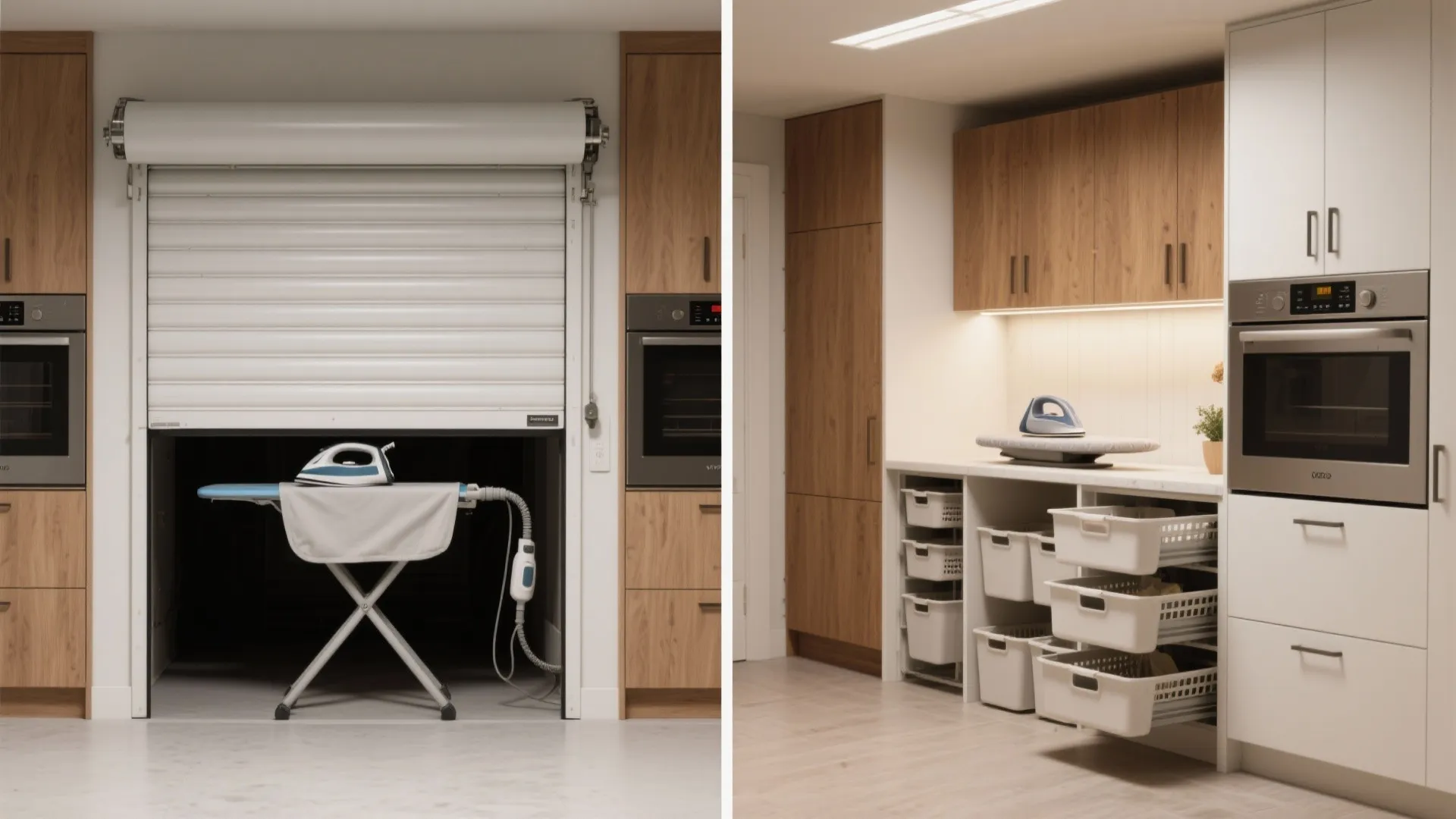 Before-and-after comparison of hidden ironing board storage versus open laundry room shelving with pull-out baskets