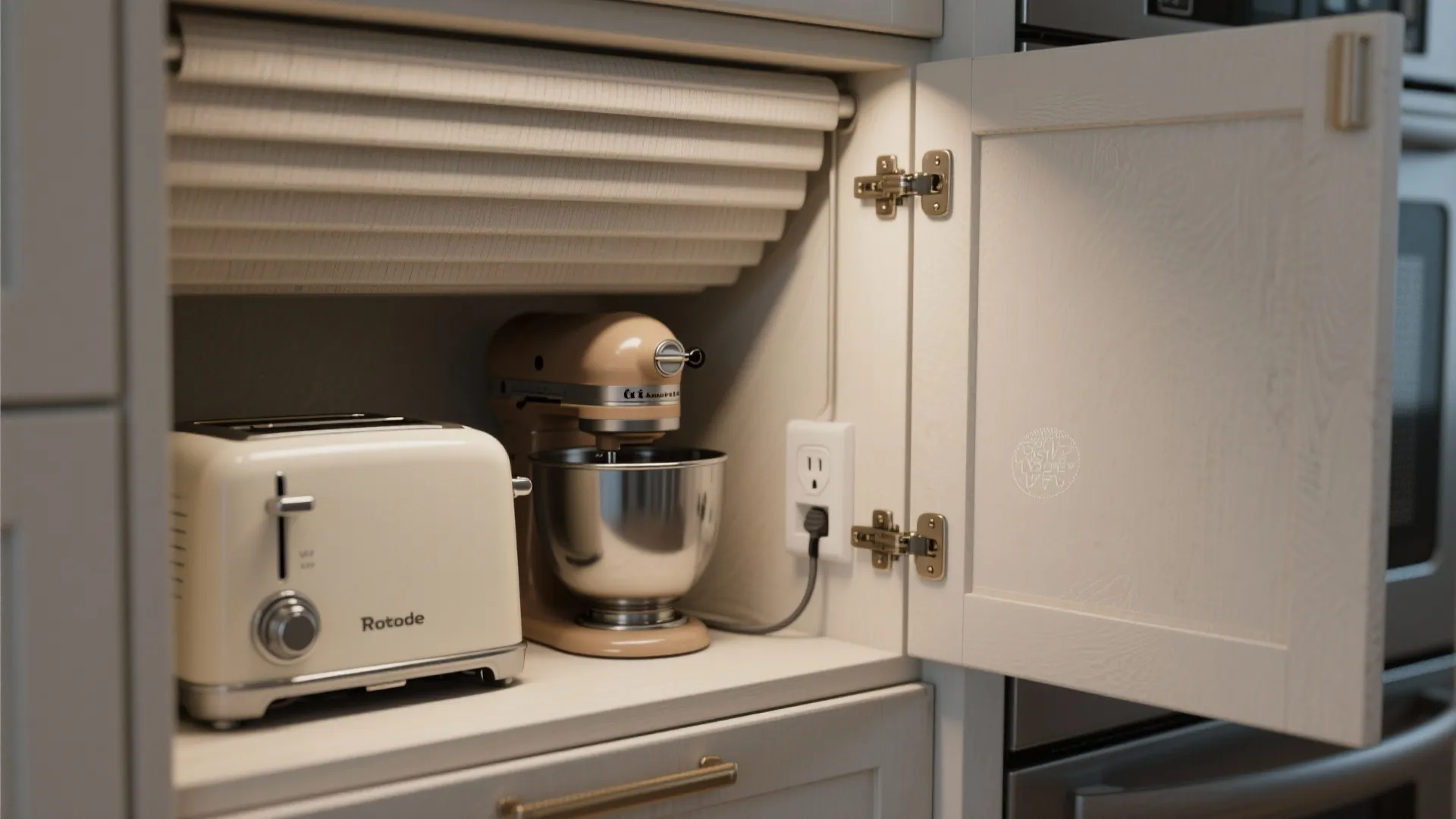 Kitchen cabinet storage space with a white toaster and a mixer behind a sliding door