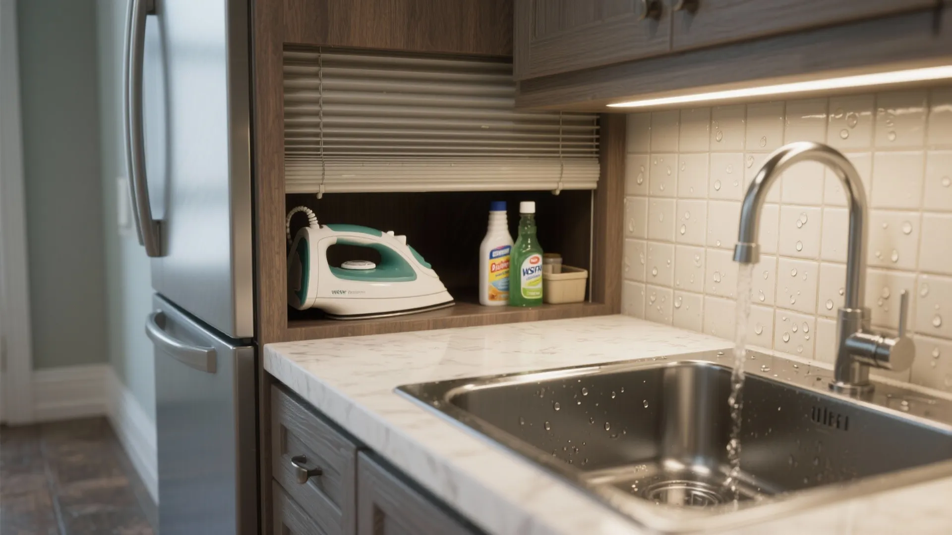 Close-up of an appliance garage roll-up door revealing iron and cleaners next to a deep utility sink with a hand-held faucet.