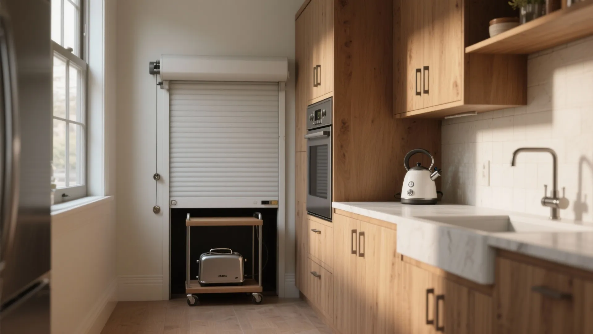 Modern wood kitchen with white roller door cabinet hiding small toaster and oven storage unit