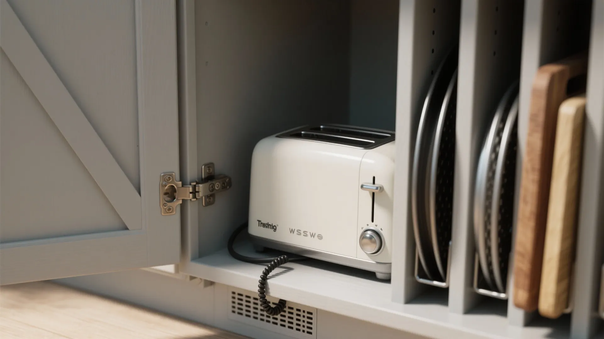 Close-up of an open appliance garage showing a toaster with ventilation gap and vertical dividers for baking sheets.