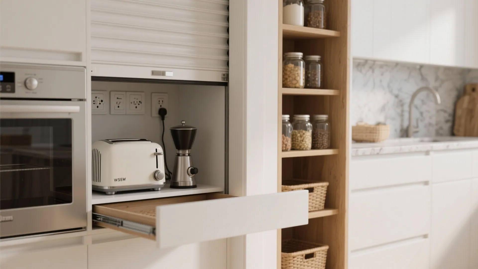 White kitchen cabinet showing open storage for a toaster and coffee grinder on pullout shelf