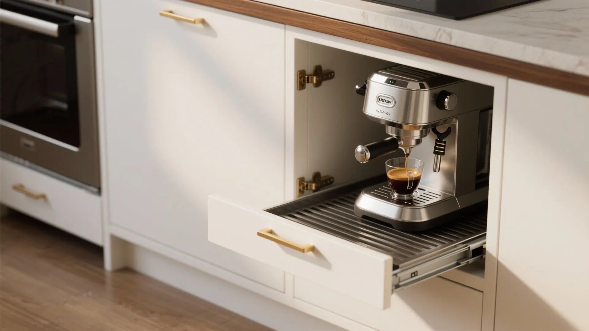 White kitchen cabinet with pull out tray holding a silver coffee machine making fresh espresso