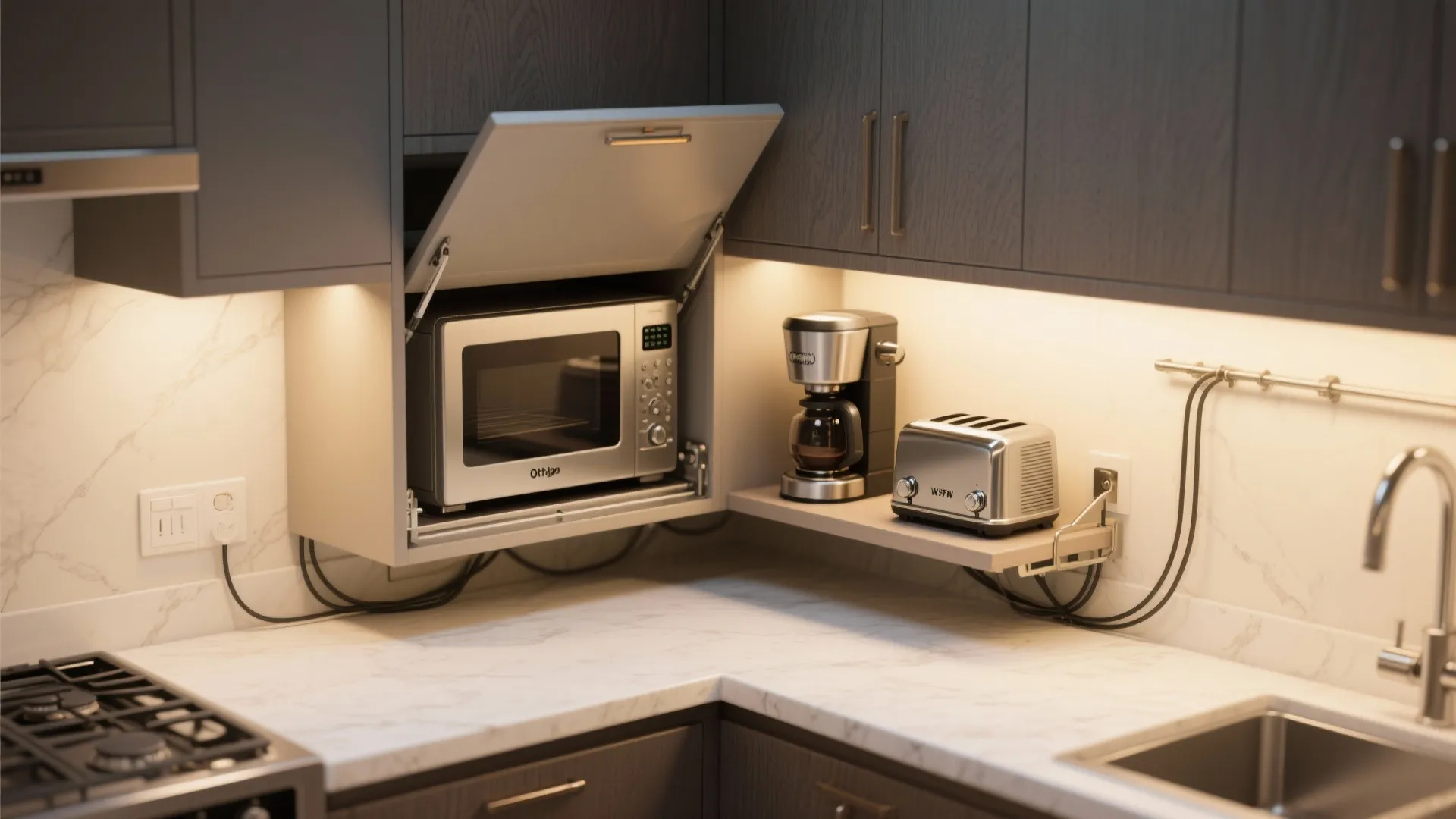 Modern kitchen with a microwave inside a cabinet and a coffee maker on the counter