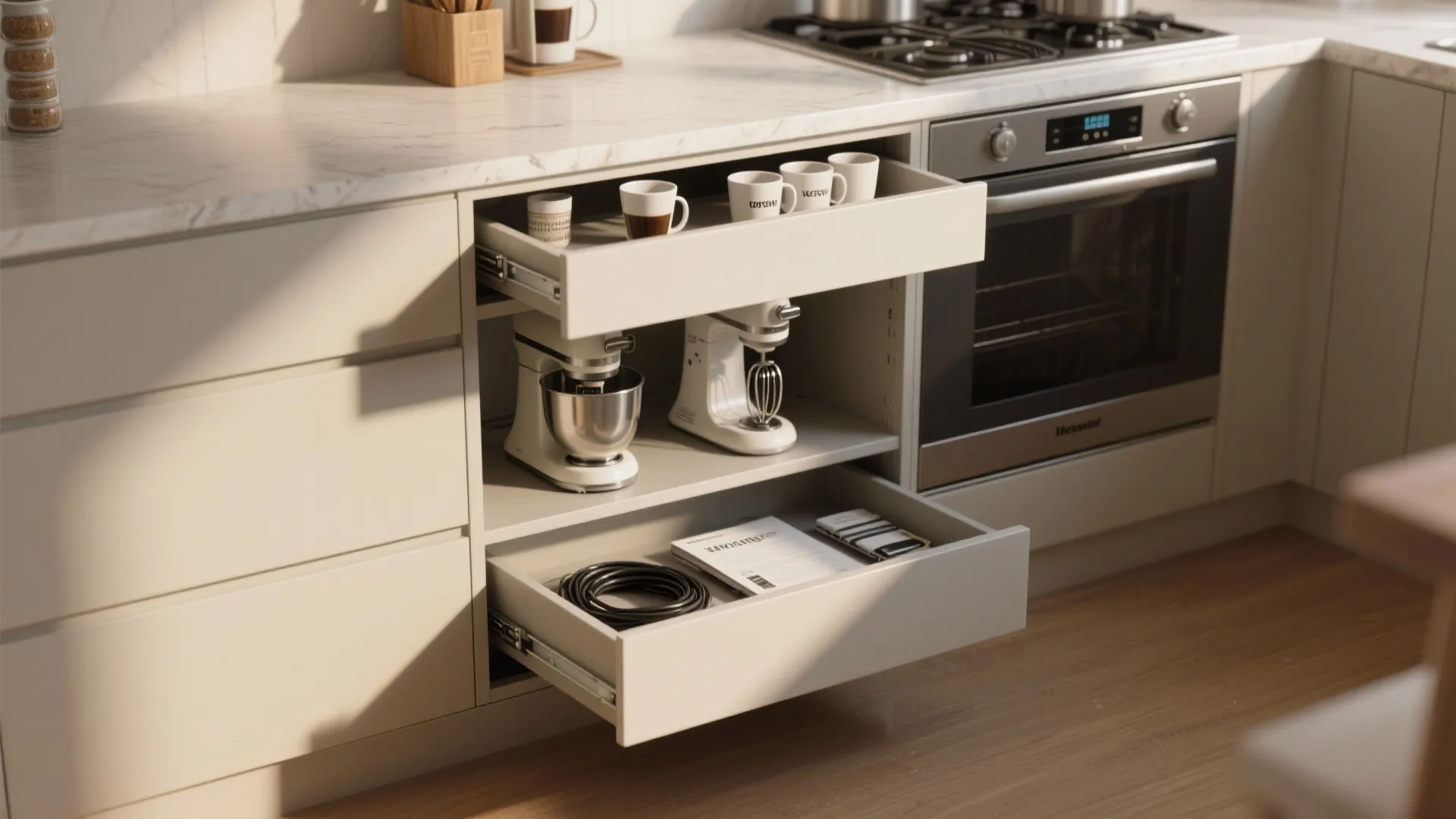 5. Appliance garage with three organized drawers