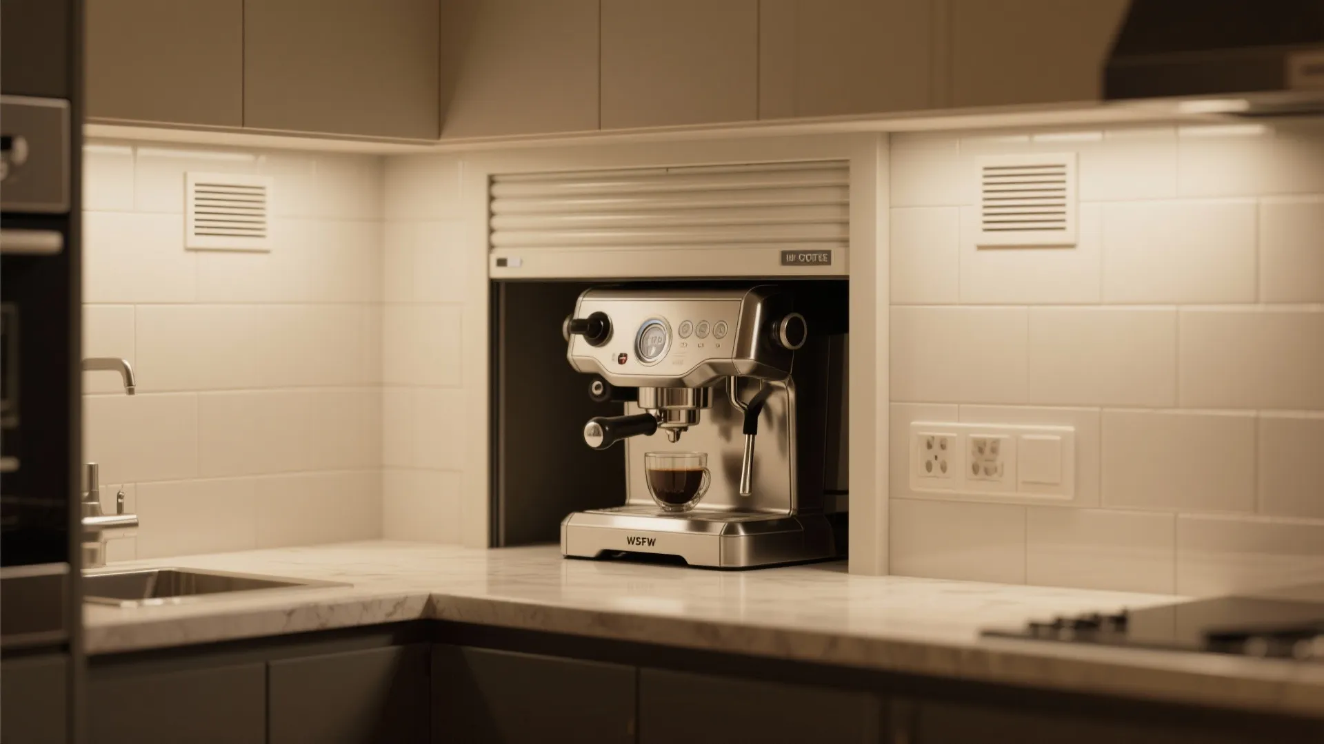 Appliance garage with roll-up door hiding an espresso machine on a tidy kitchen countertop.