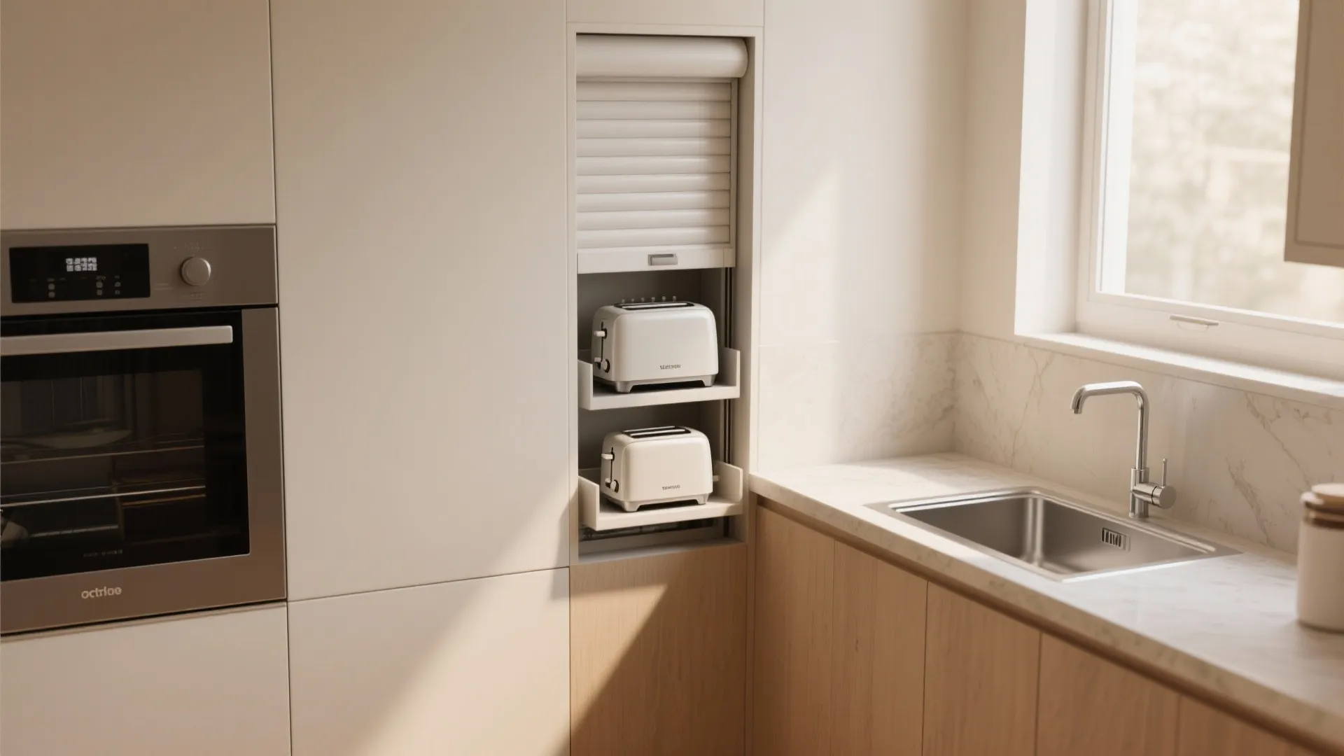 Modern kitchen with white toaster stored in pull down cabinet near sink and built-in oven
