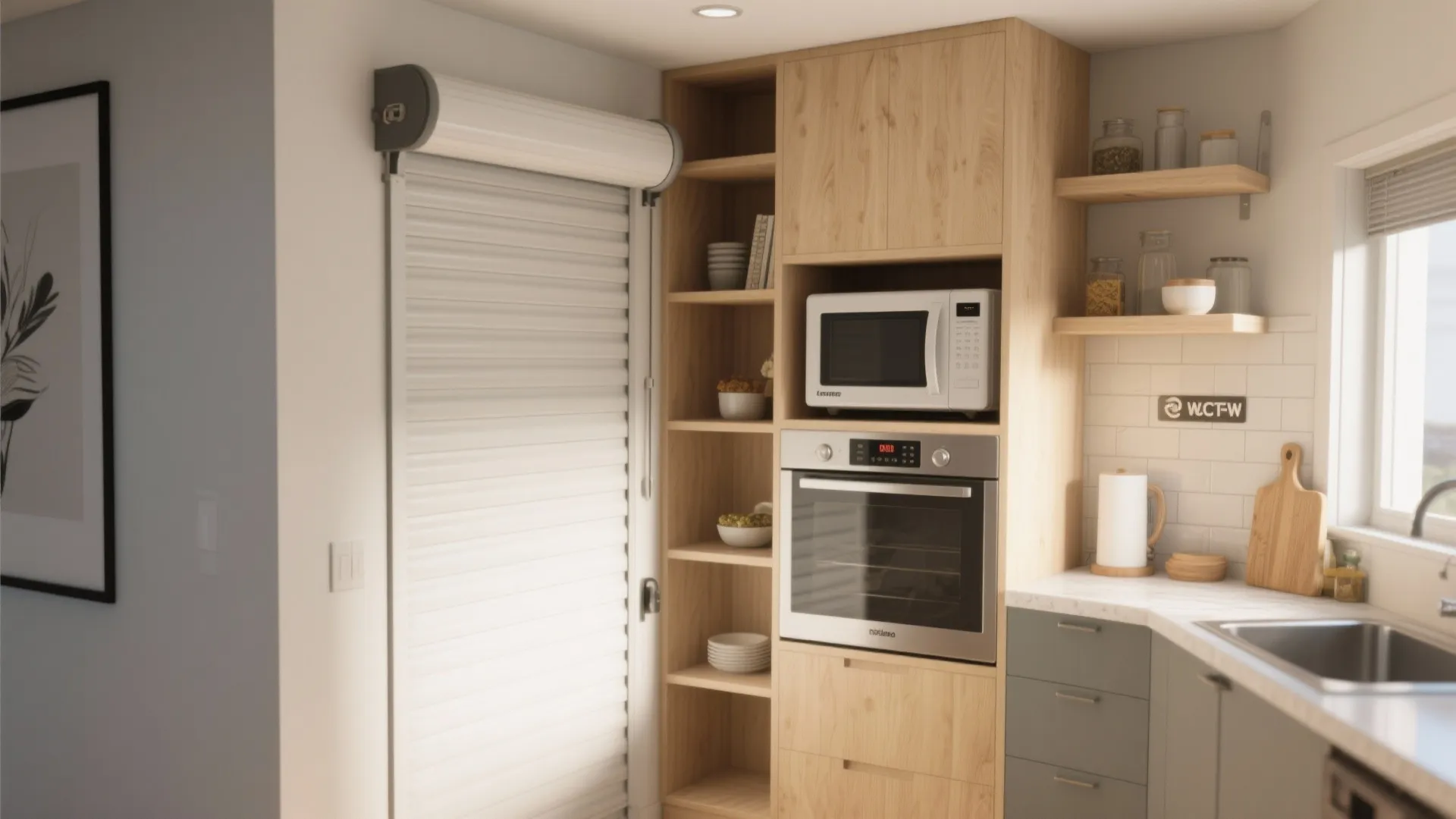 Wood cabinet with built in microwave and oven next to a white rolling shutter door